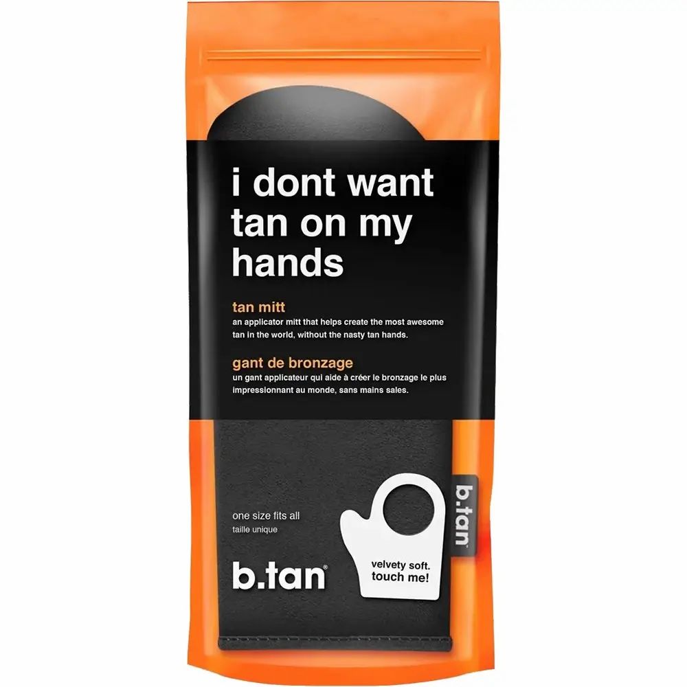 Schwarzer Applikator-Handschuh für Selbstbräuner, Marke b.tan, mit Aufdruck 'i dont want tan on my hands'.