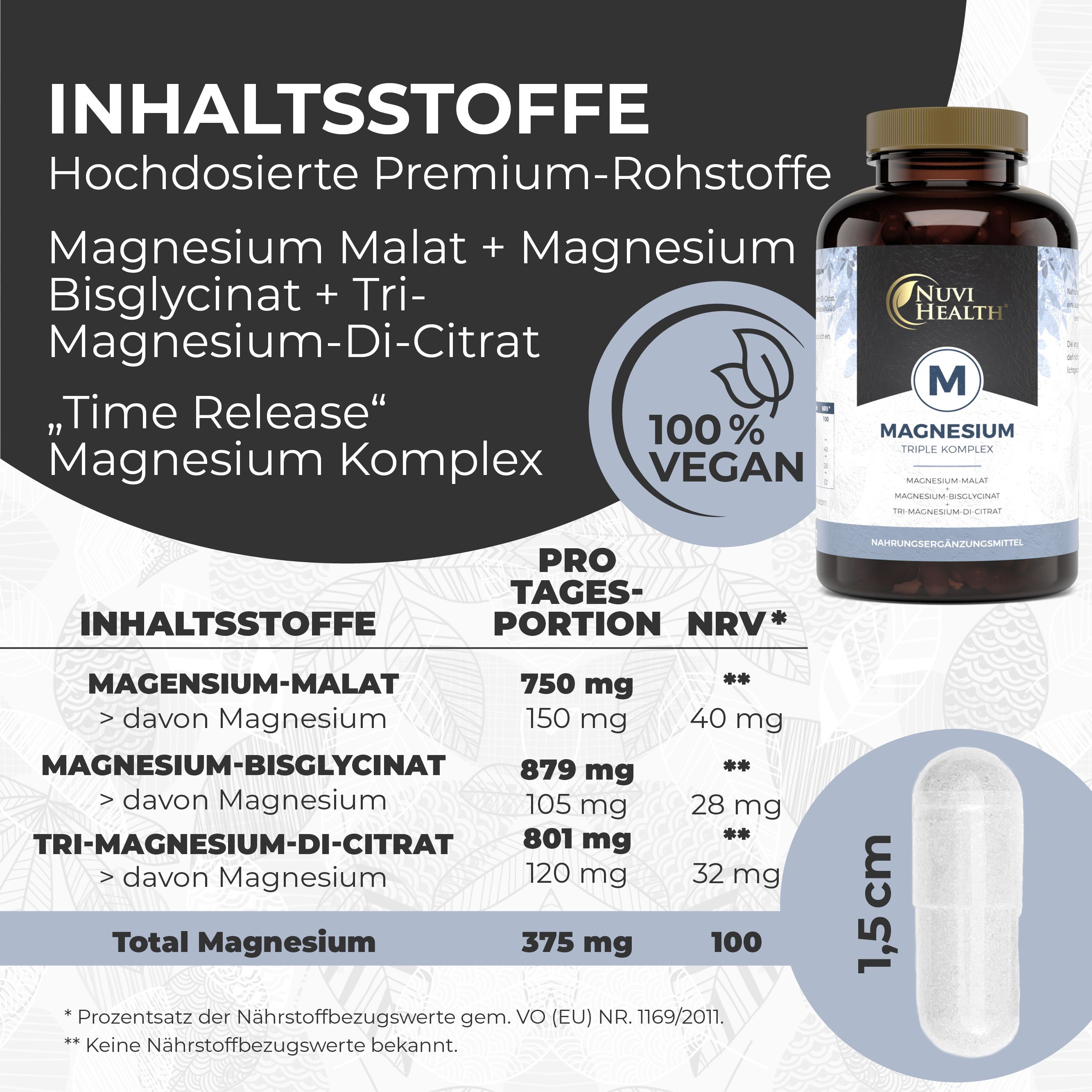 Nahaufnahme einer Kapsel neben einer Flasche "Nuvi Health Magnesium". Enthält Inhaltsstoffinformationen.