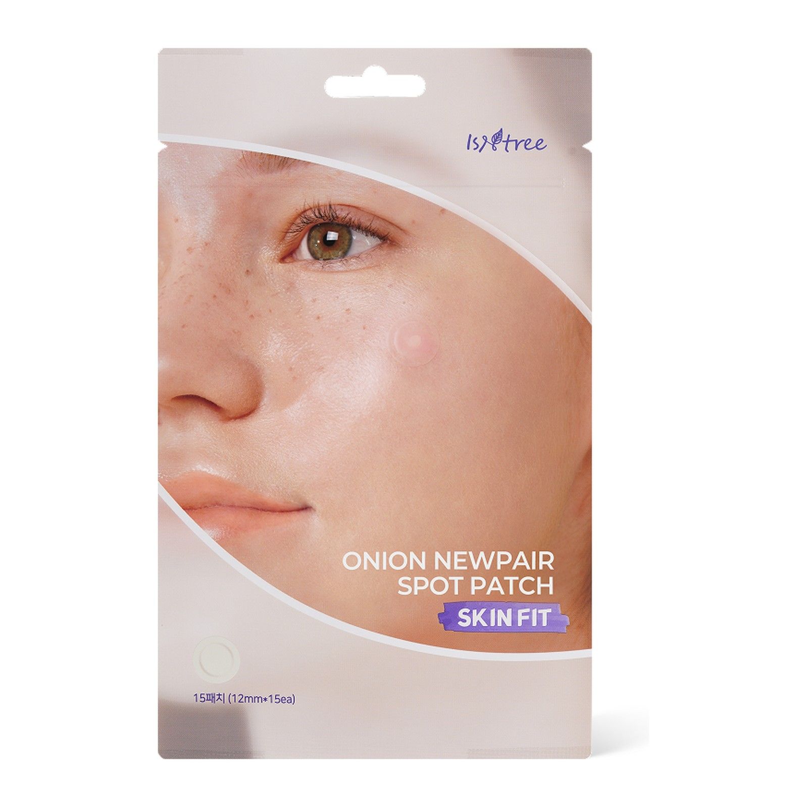 Verpackung von ISNTREE Onion Newpair Spot Patch mit Nahaufnahme eines Gesichts.