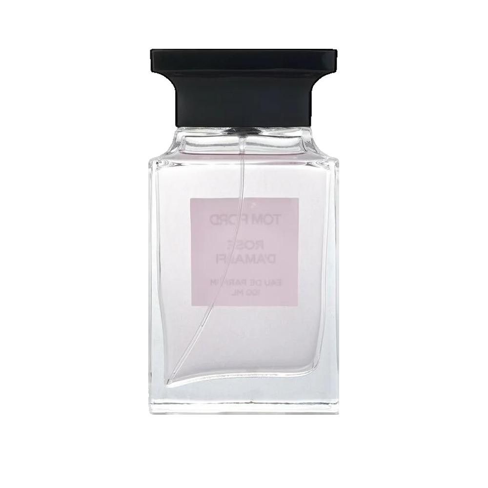 Parfumflakon. Schwarzer Deckel, rechteckige Flasche mit weißem Etikett. "Tom Ford Rose D'Amalfi".