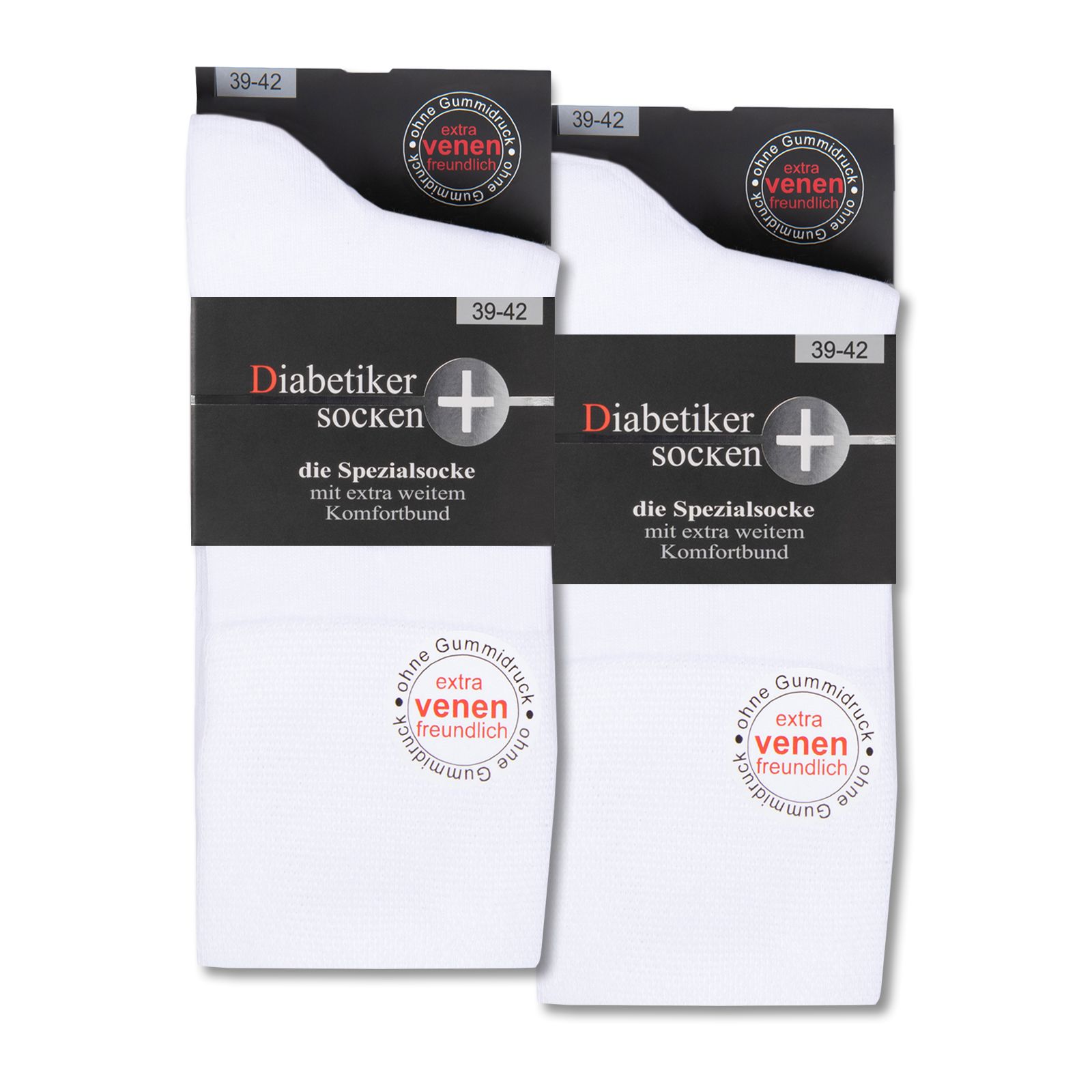 Zwei Packungen Diabetiker Socken. Schwarze Verpackung mit weißer Schrift. Text: ohne Gummidruck, extra venenfreundlich.