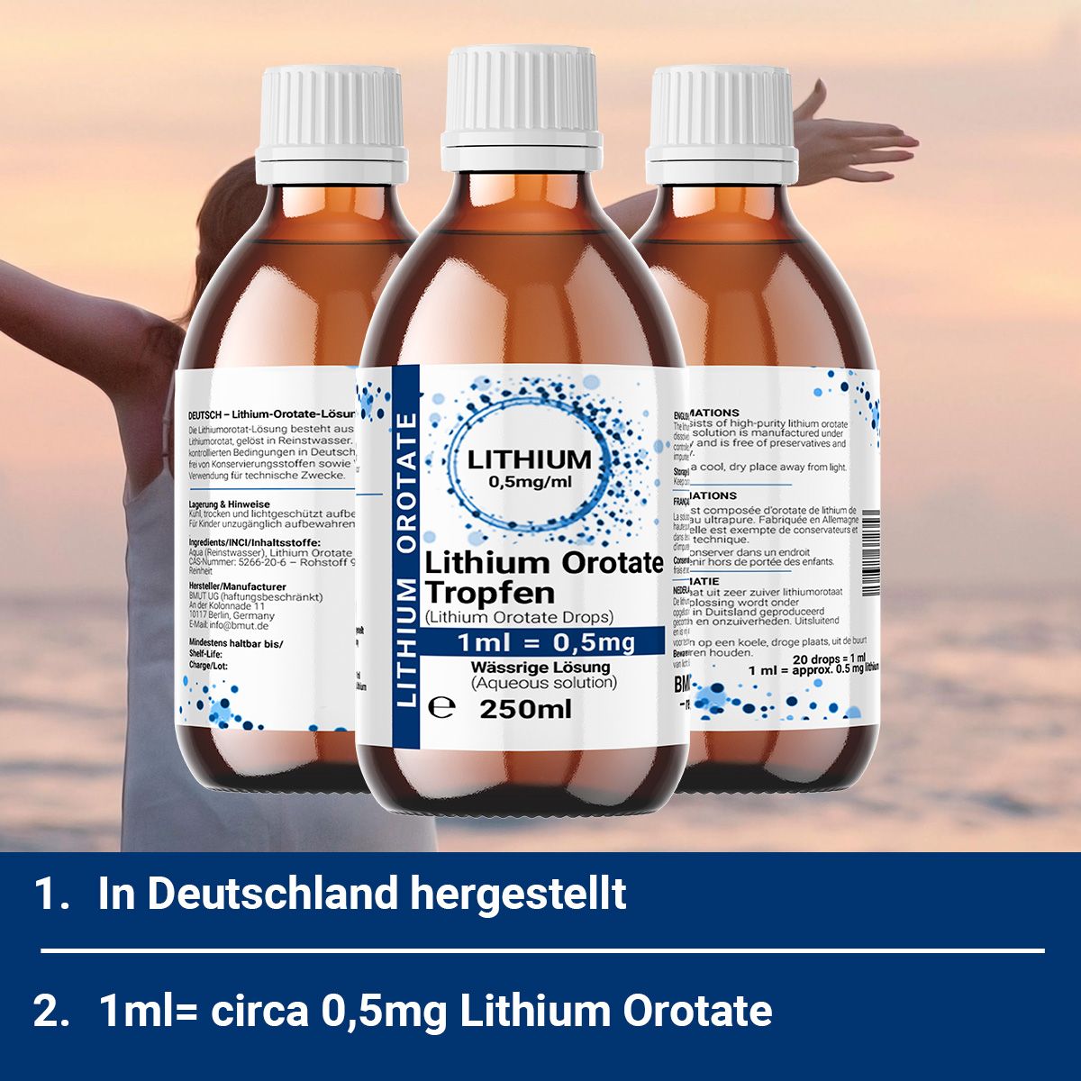 Drei Braunglasflaschen mit Etikett. Enthält Lithium Orotate Tropfen. Text: 1ml = 0,5mg. In Deutschland hergestellt. 1ml= circa 0,5mg Lithium Orotate.