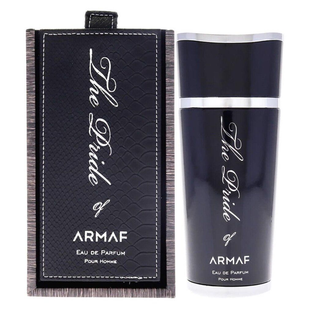 Schwarzer Flakon und Verpackung. Aufschrift "The Pride of" und "Armaf Eau de Parfum Pour Homme". Silberne Akzente. Verpackung mit Muster.