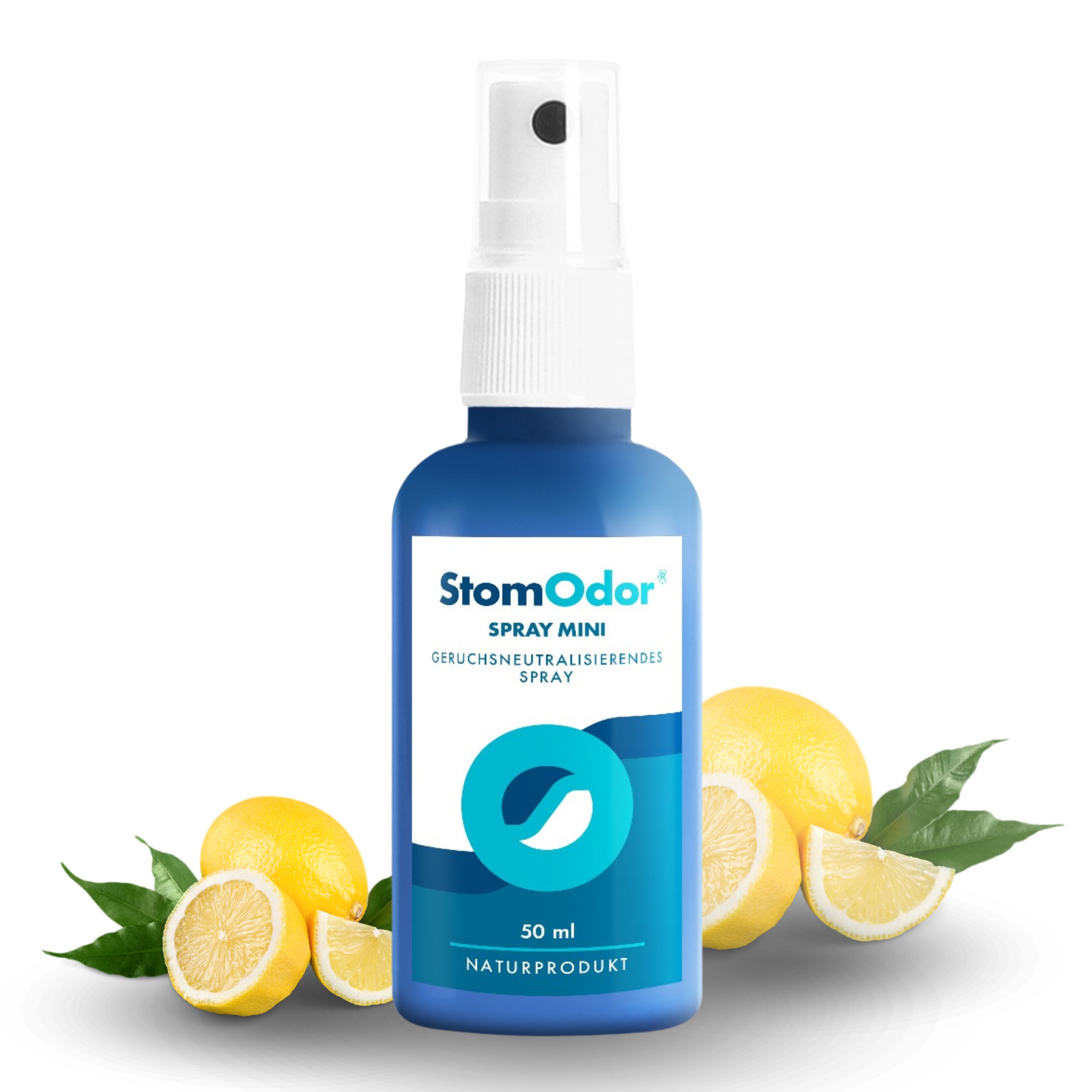 Blaues Spray mit weißem Sprühkopf. Aufschrift: StomOdor Spray Mini. Zitronen und Blätter dekorieren die Szene.