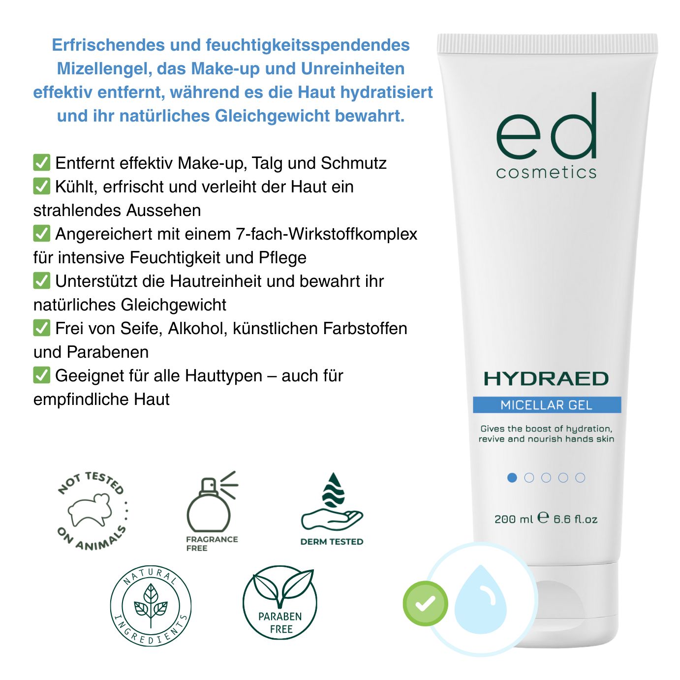 ED COSMETICS HydraED MIZELLEN-GEL  – SANFTE REINIGUNG & Feuchtigkeit – für empfindliche Haut täglich