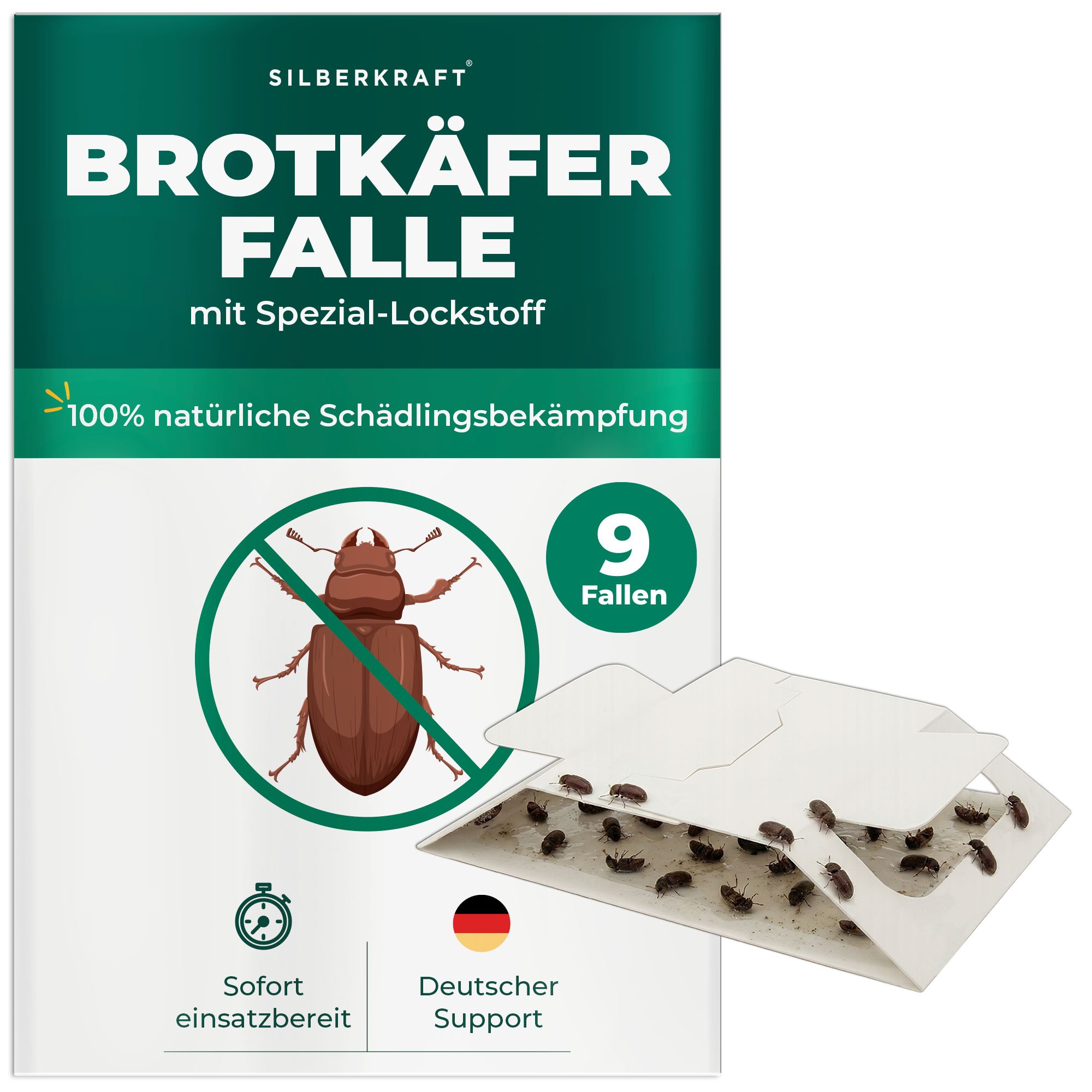 Verpackung der Brotkäferfalle. Enthält 9 Fallen. Logo, Produktname, Text: 100% natürliche Schädlingsbekämpfung.