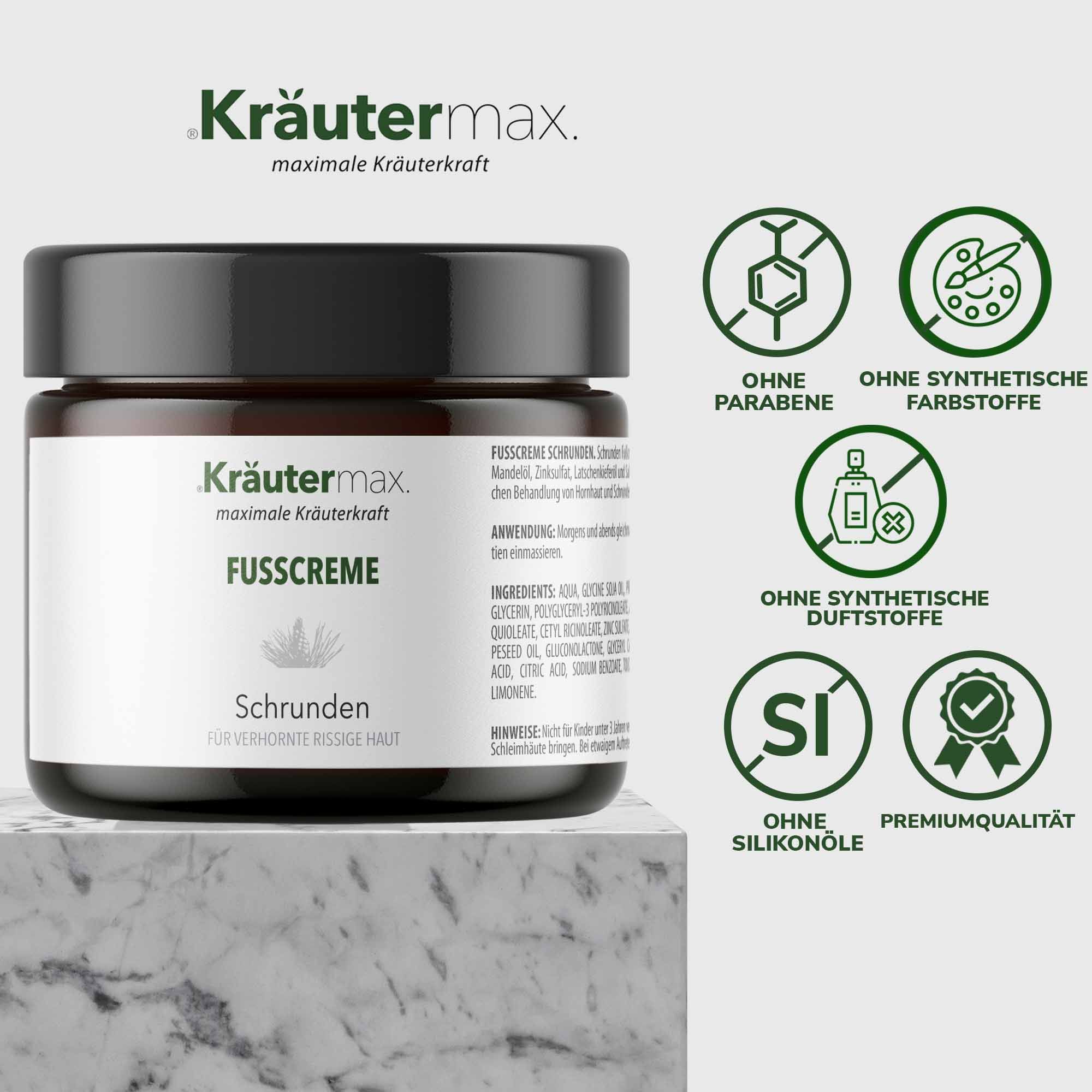 Braune Glasdose mit schwarzem Deckel. Aufschrift: Kräutermax Fußcreme. Logos: Ohne Parabene, synthetische Farbstoffe, Duftstoffe, Silikone. Premiumqualität.