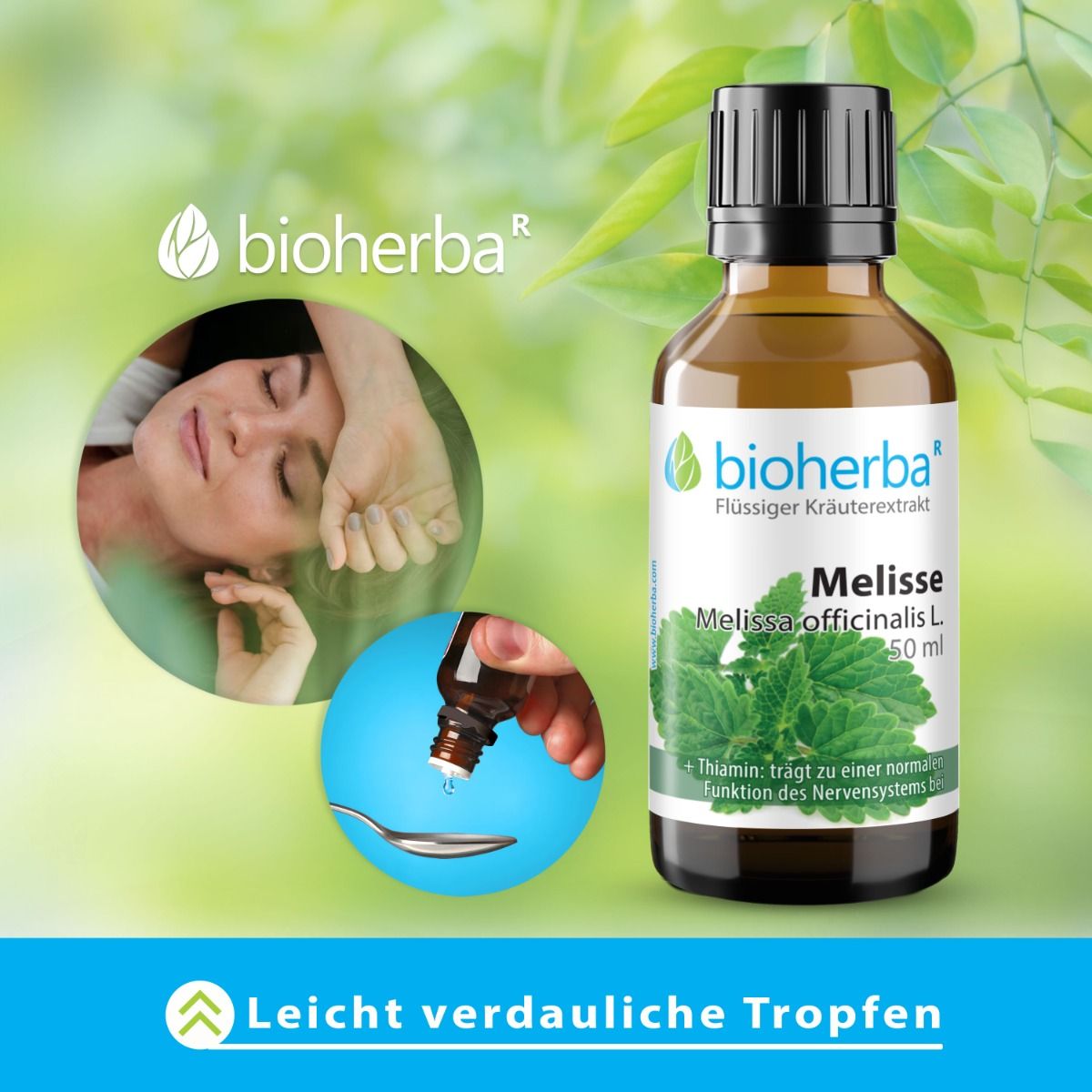 Braune Glasflasche mit schwarzem Deckel. Etikett mit Produktnamen und Kräuterabbildung. Löffel mit Tropfen. Frau schläft.