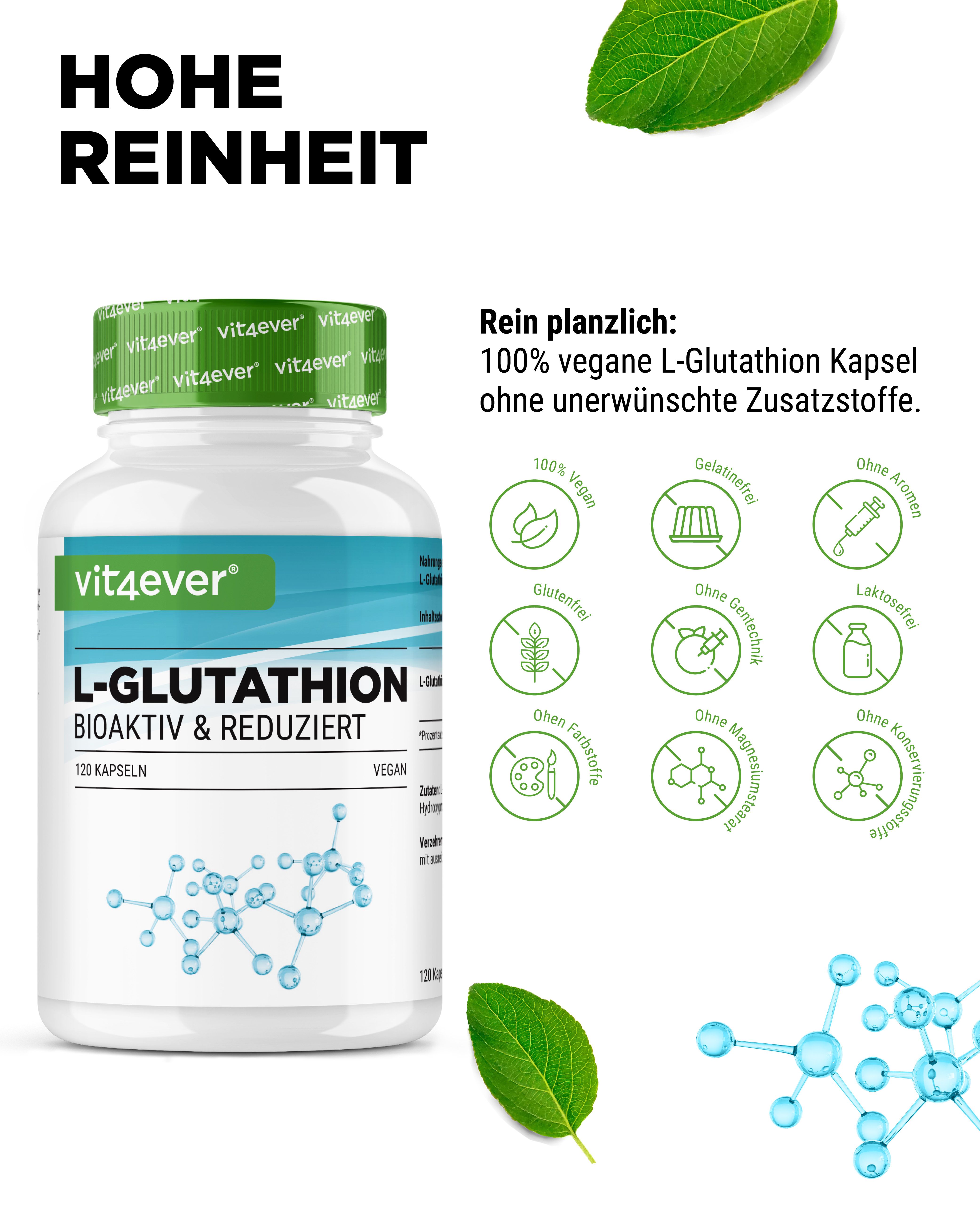 Produktflasche mit Etikett. Aufschrift: vit4ever L-Glutathion, bioaktiv & reduziert. 120 Kapseln. Vegan. Icons.