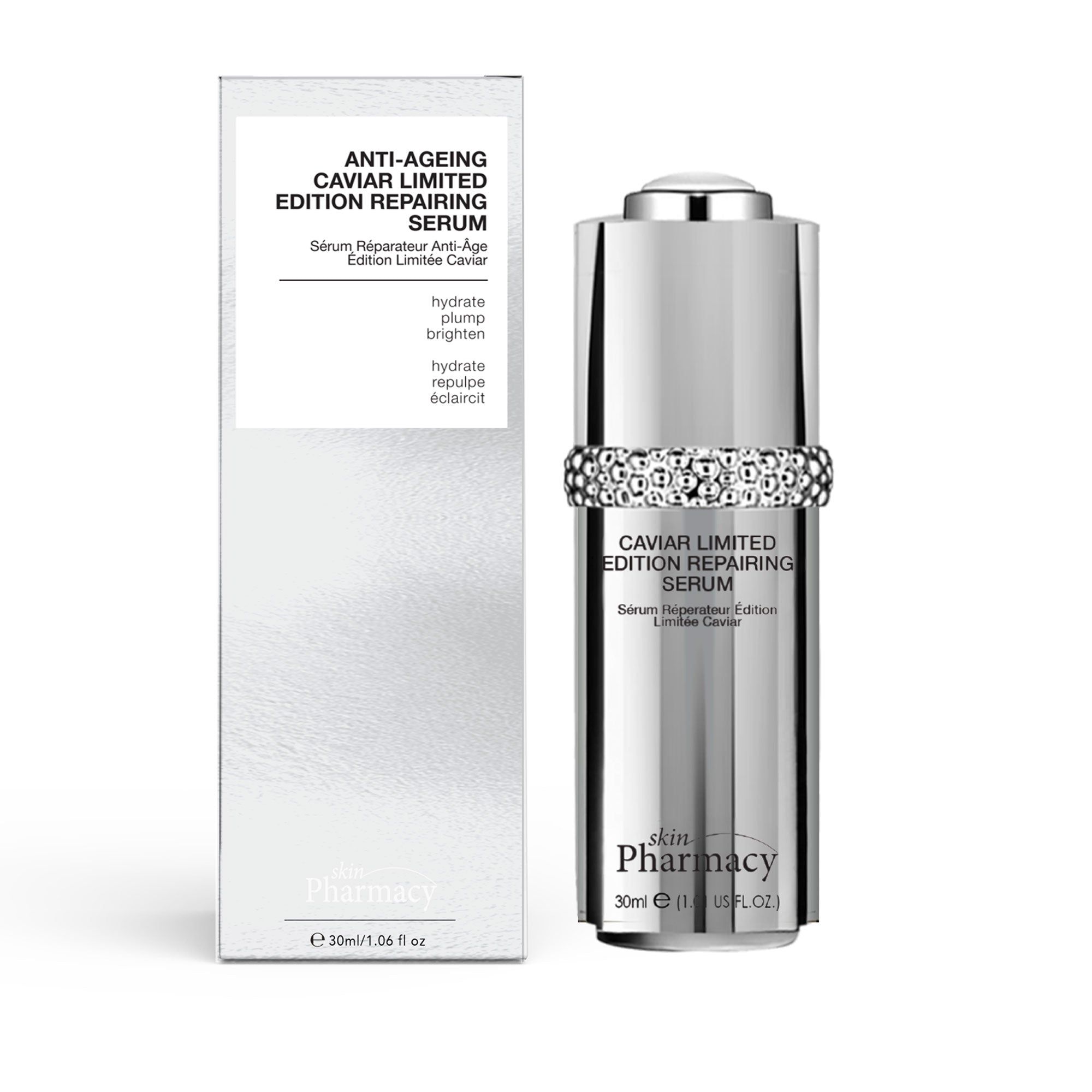 Serumflasche und Verpackung. Marke: skinPharmacy. Silberfarben, mit Schmuckband. Text: Caviar Limited Edition Repairing Serum.