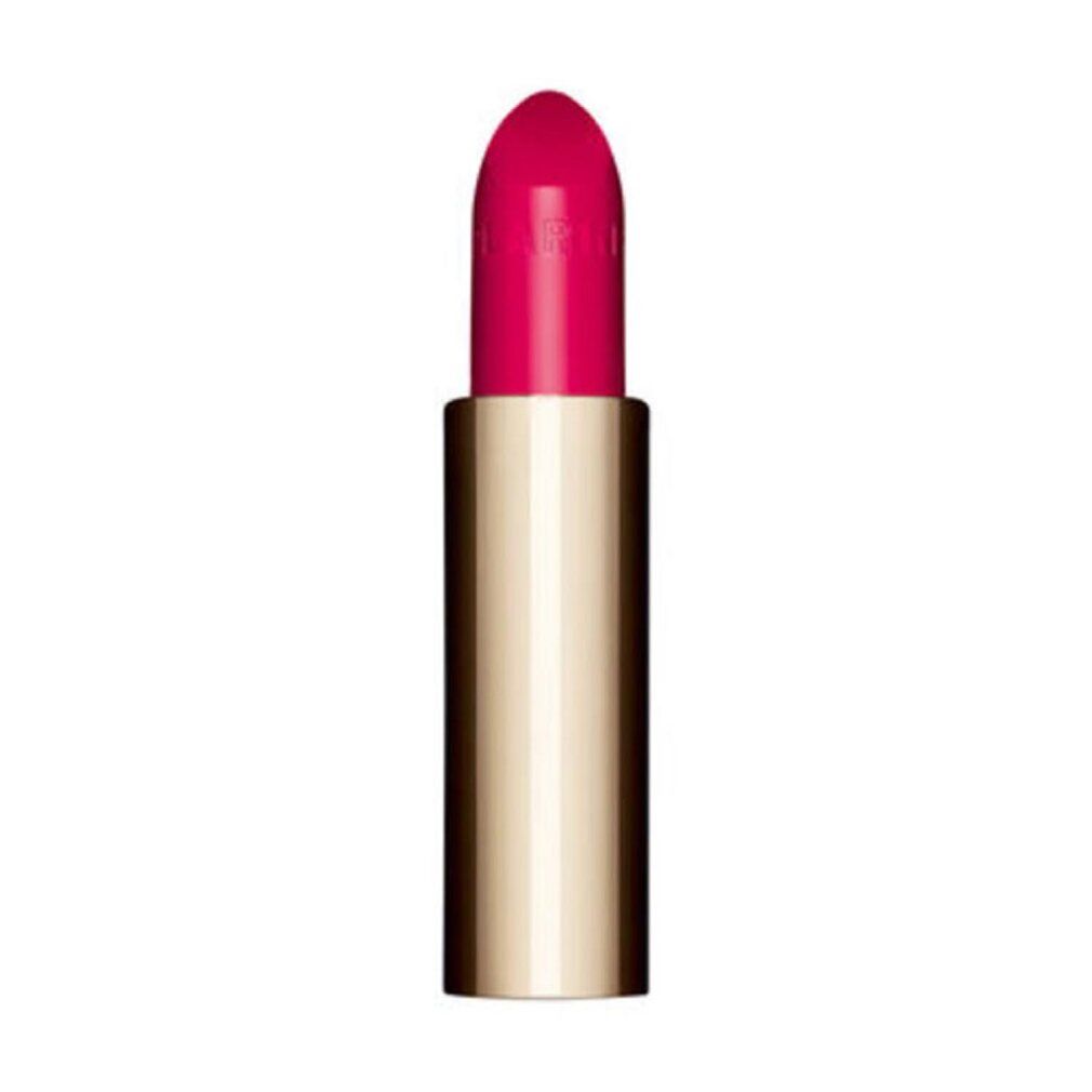 Lippenstift mit goldfarbener Hülse und pinkfarbener Spitze. Vertikale Ansicht. Der Lippenstift ist teilweise aus der Hülse herausgedreht.