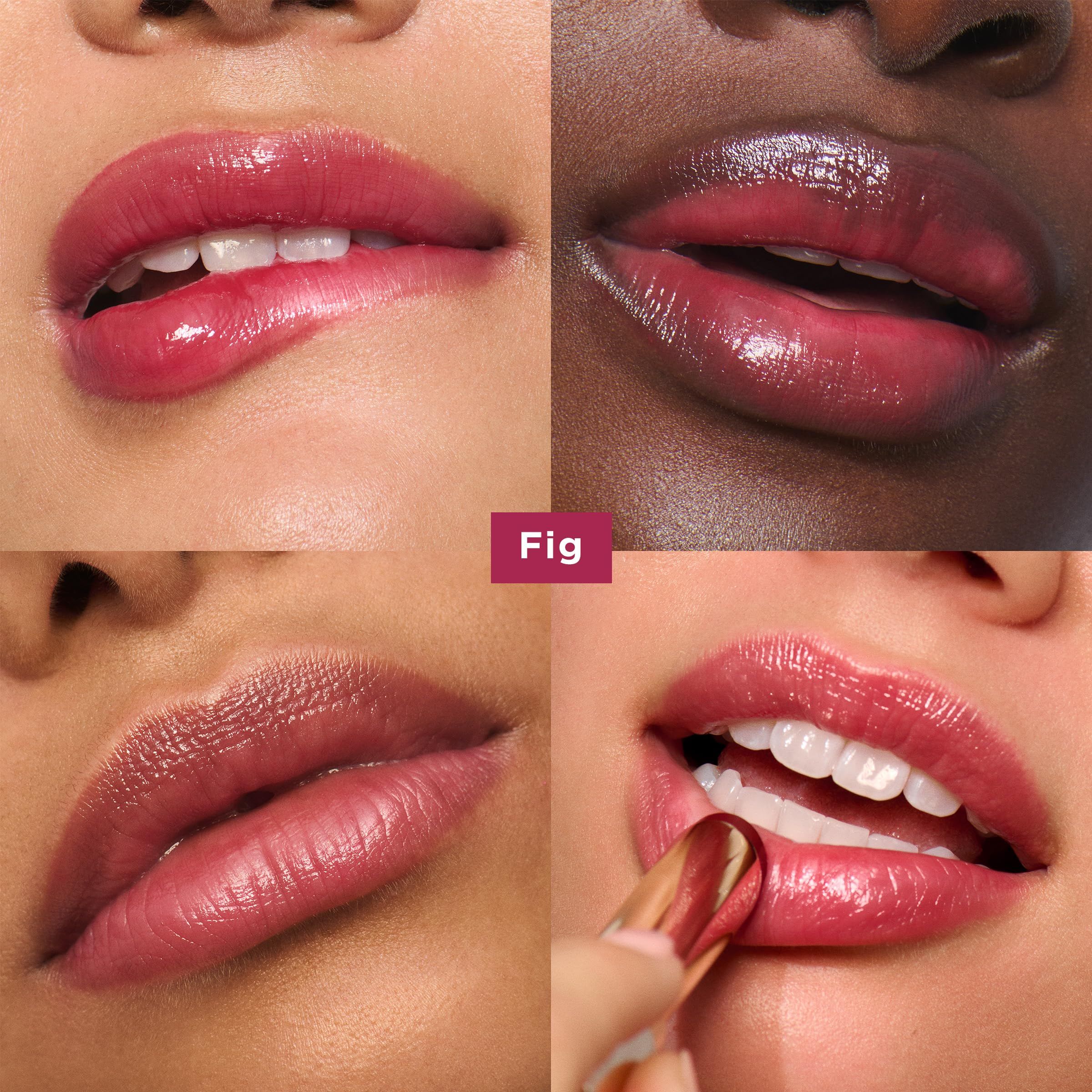 Vier Nahaufnahmen von Lippen, die Lip Oil Balm zeigen. Verschiedene Hauttöne. Lippen glänzend.