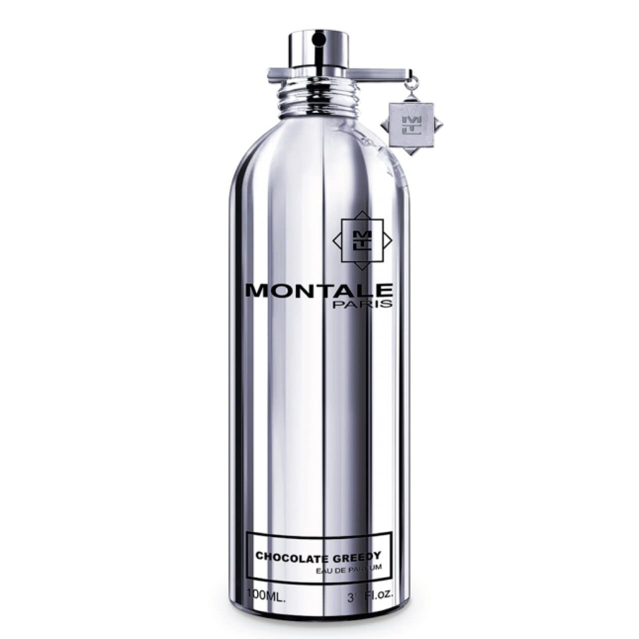 Silberne Parfumflasche Chocolate Greedy. Aufschrift Montale Paris.