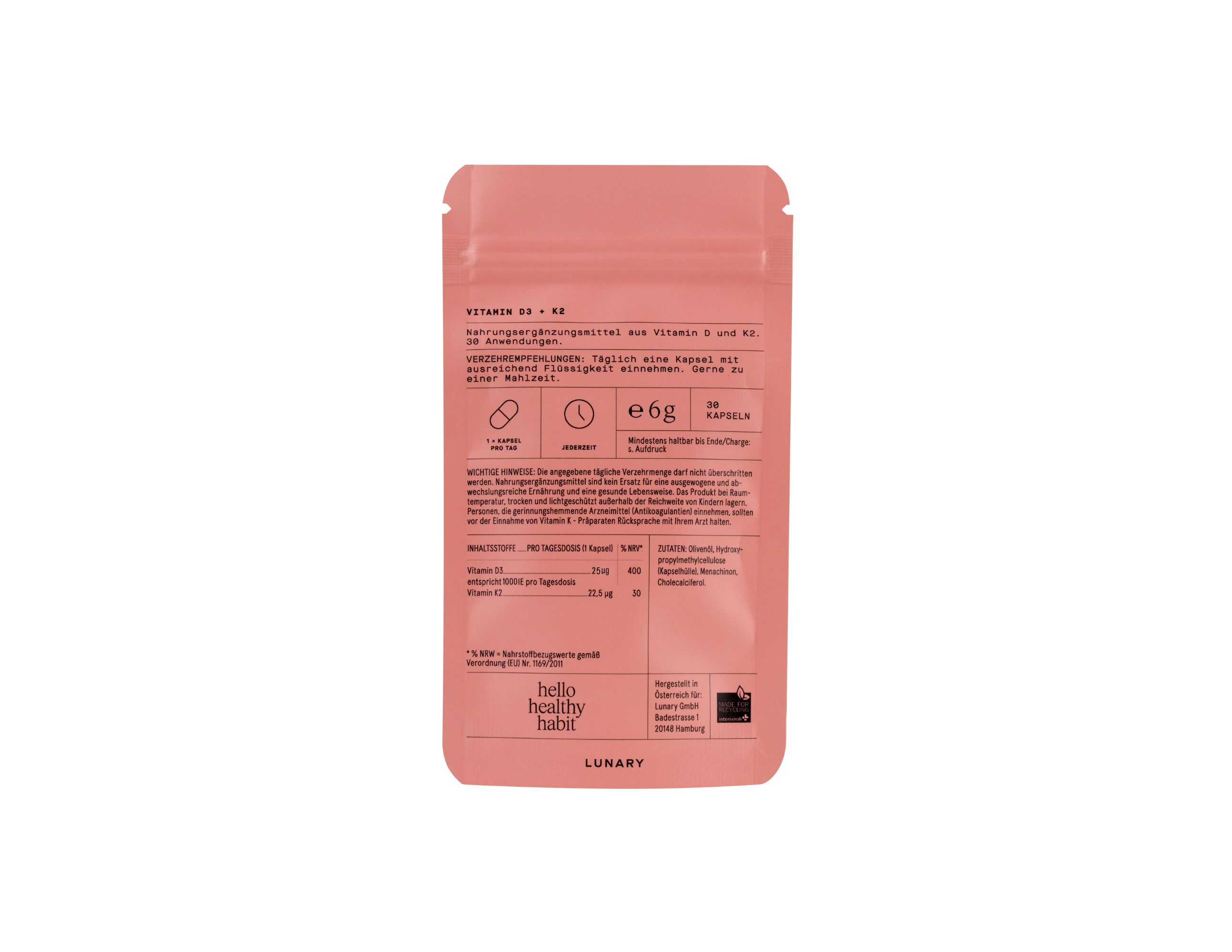 Rückseite des rosa Beutels mit Produktinformationen. Enthält Inhaltsstoffe und Nährwertangaben.