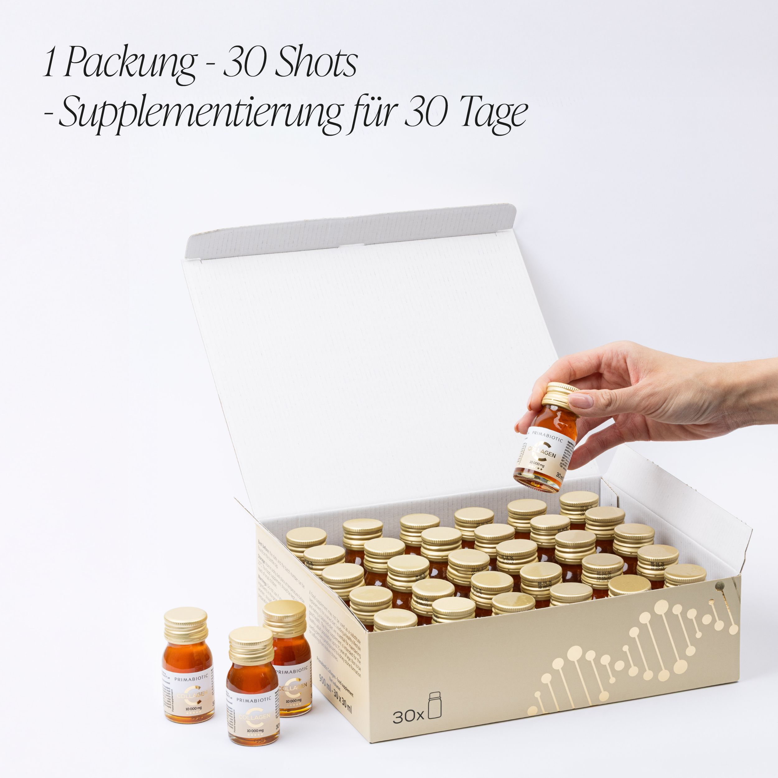 Geöffnete Box mit 30 Flaschen Primabiotic Collagen. Text: 1 Packung - 30 Shots - Supplementierung für 30 Tage. Hand greift nach einer Flasche.
