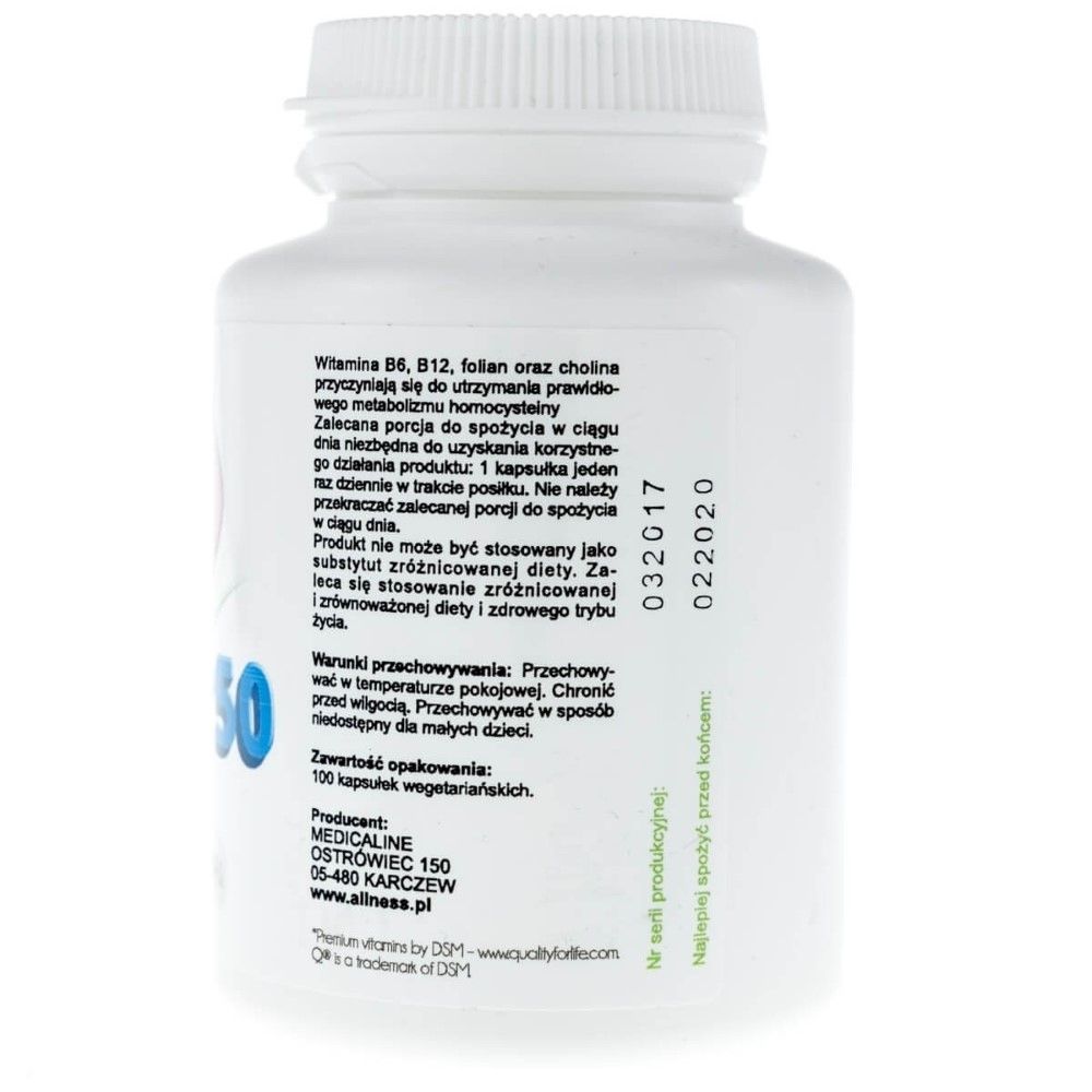 Aliness Vitamin B-Komplex B-50: Rückseite des Behälters mit Informationen zu Inhaltsstoffen und Lagerung.