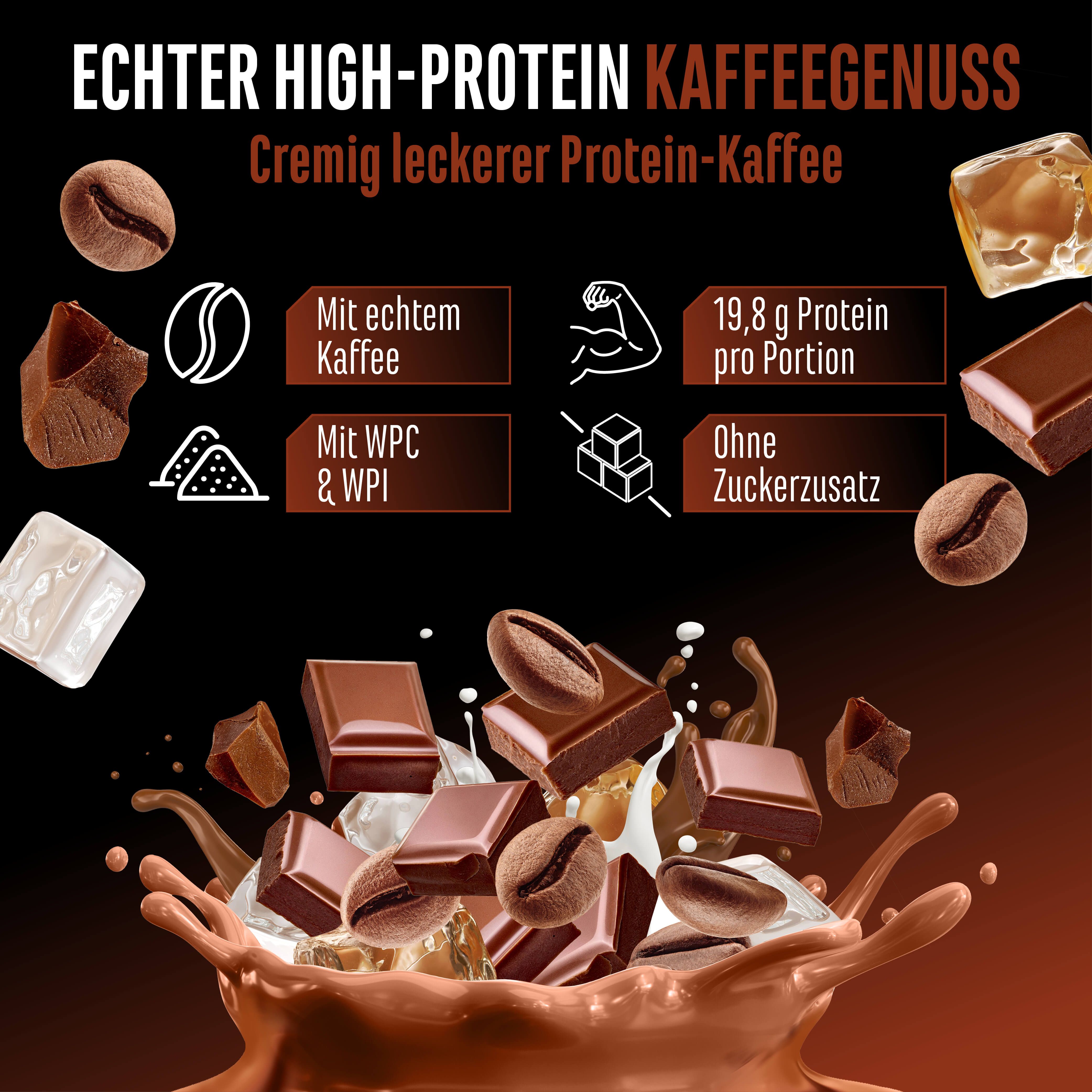 Werbebild für Wheypresso Protein Kaffee. Zeigt Kaffee, Schokolade und Eiswürfel. Enthält 19,8g Protein pro Portion und keinen Zuckerzusatz.