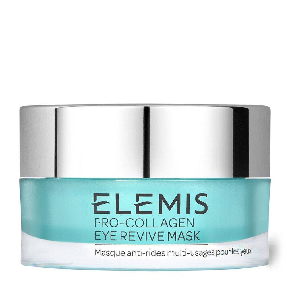 Runde Dose mit silbernem Deckel und türkisfarbenem Inhalt. Aufschrift: Elemis Pro-Collagen Eye Revive Mask. Text darunter: Anti-wrinkle multi-use eye mask.