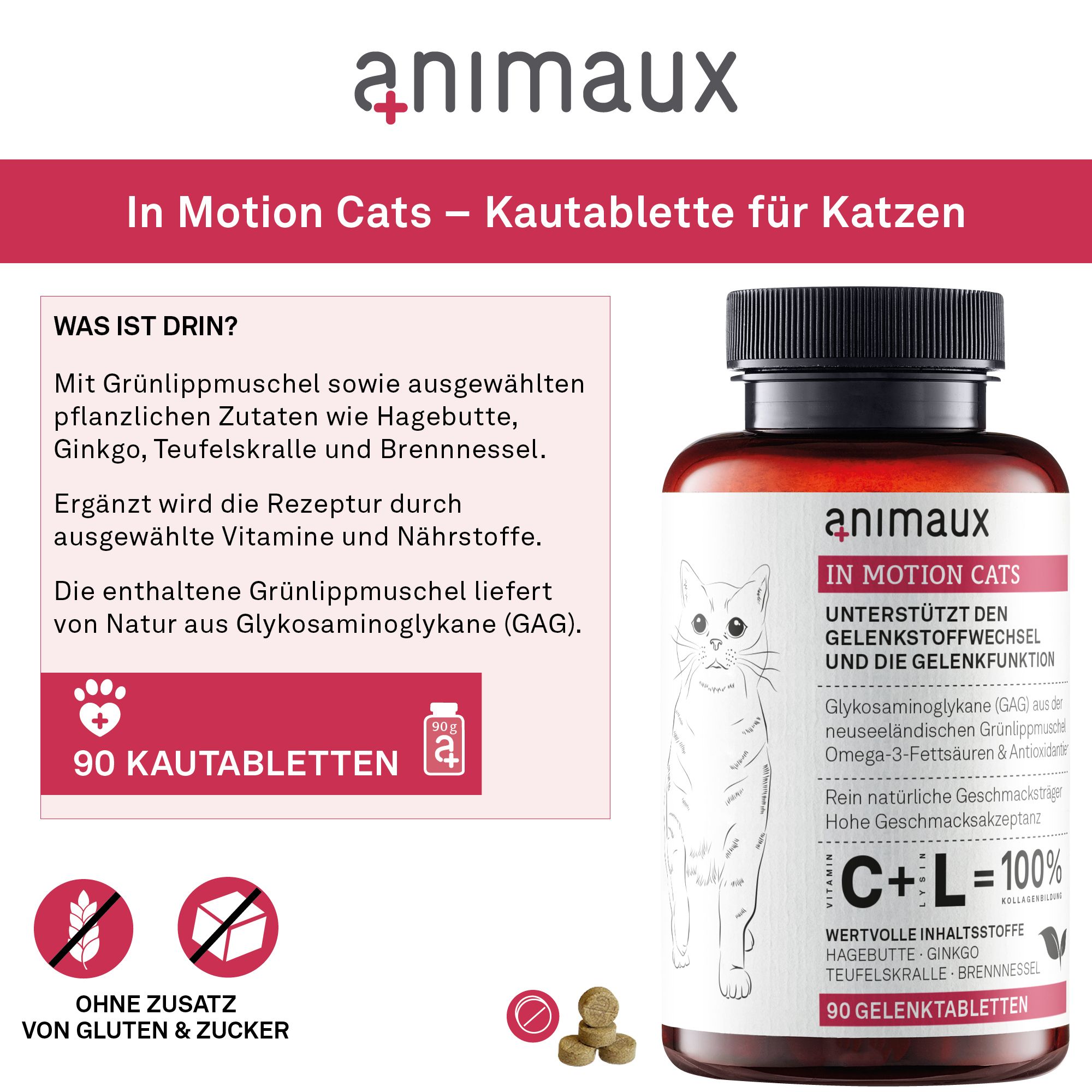 Animaux In Motion Cats: Flasche mit 90 Kautabletten für Katzen. Informationen zu Inhaltsstoffen und Vorteilen.