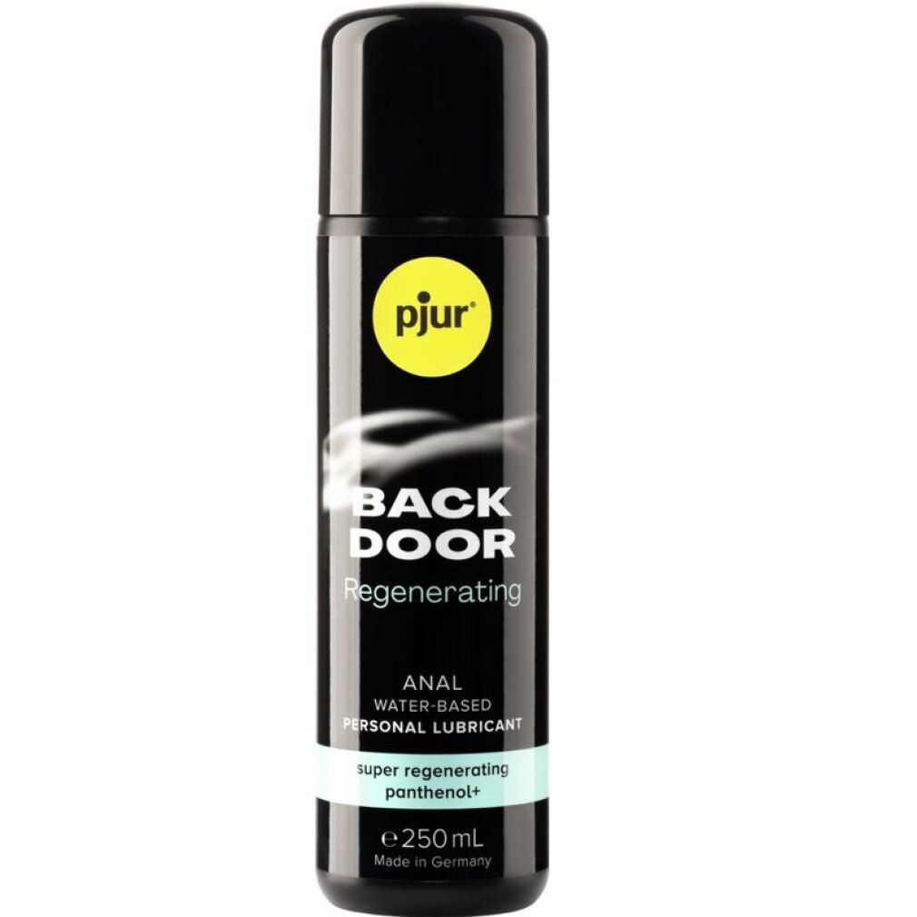 Pjur Back Door Anal Glide Flasche. Schwarzes Etikett mit Produktnamen und Logo. Schwarzer Deckel. 250 ml.