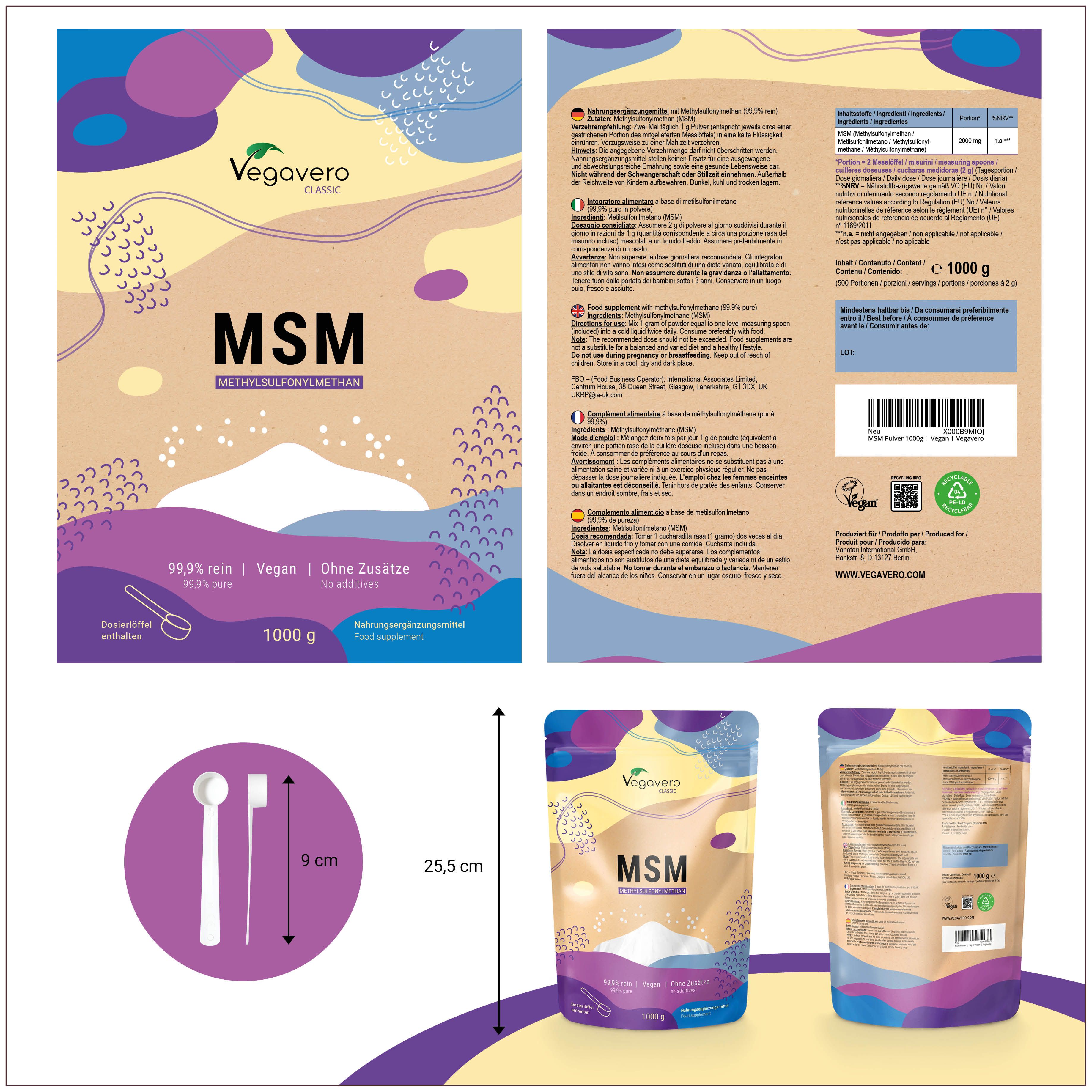Produktverpackung mit MSM-Pulver. Marke Vegavaro. Rückseite mit Informationen. Messlöffel und Spatel. 1000 g.