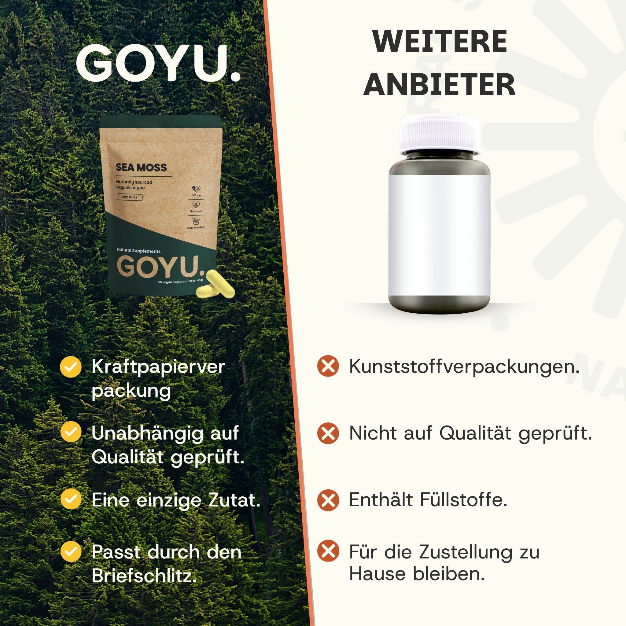 GOYU Sea Moss Kapseln in Kraftpapierverpackung. Eine Zutat, passt durch den Briefschlitz.