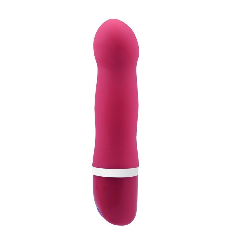 Pinker Silikonvibrator mit weißem Ring und silbernem Bedienelement.