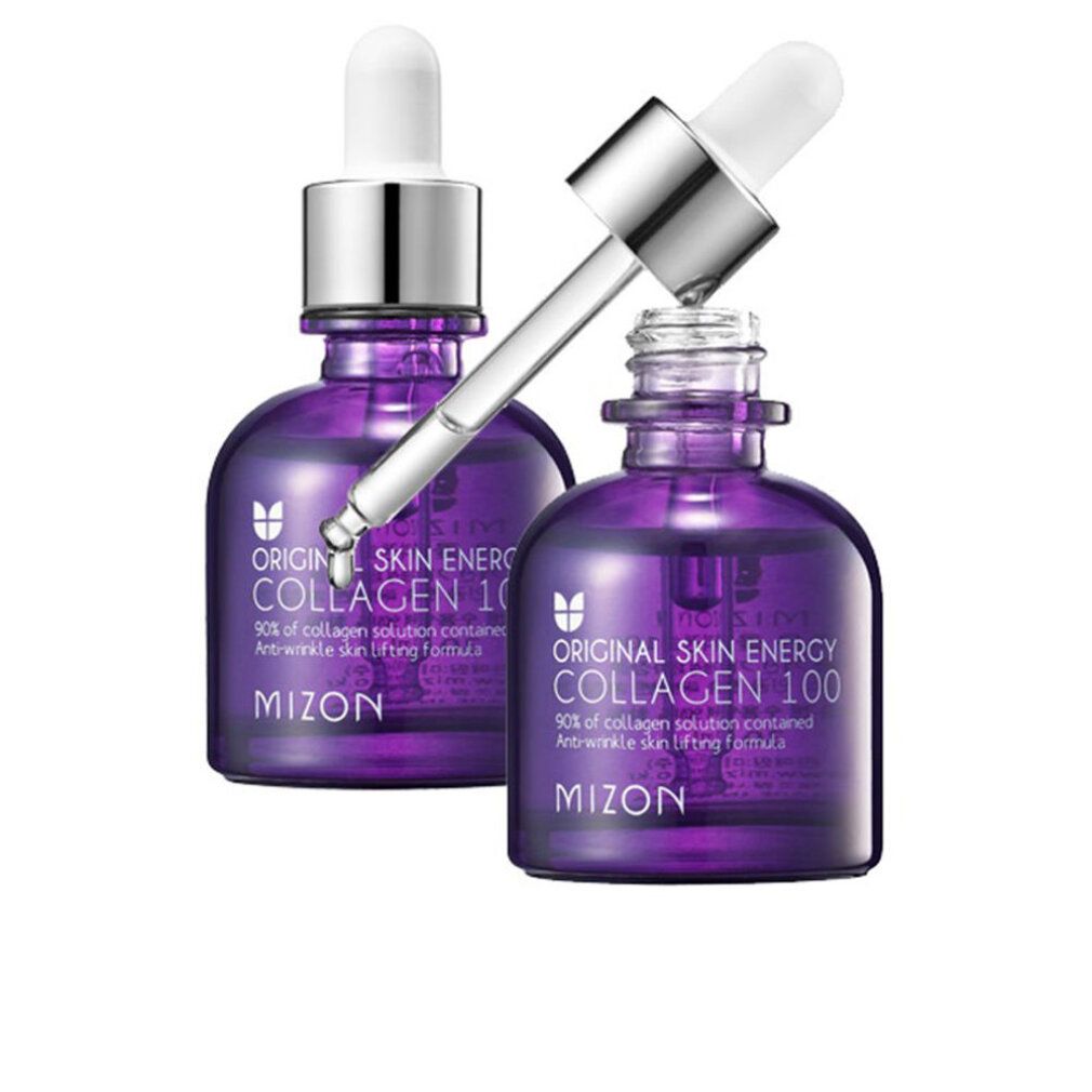 Zwei violette Flaschen mit Pipetten. Aufschrift: Original Skin Energy Collagen 100, Mizon. Pipette über einer Flasche.