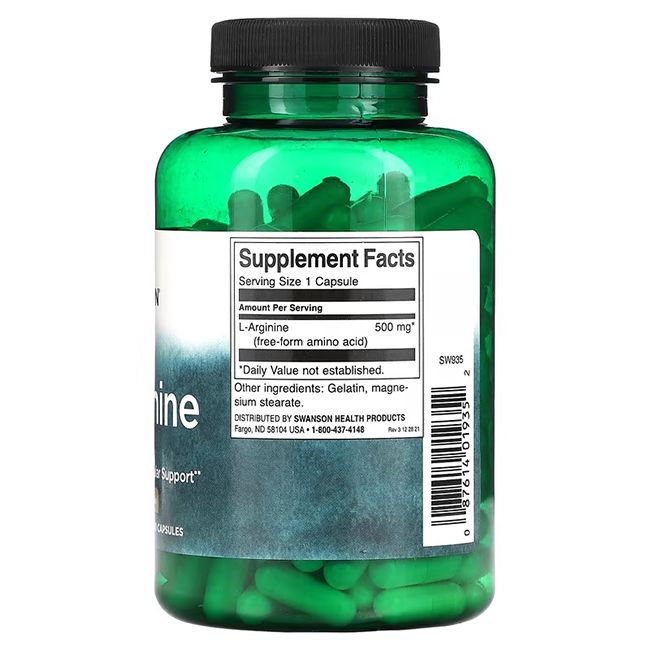 Transparente grüne Flasche mit Kapseln. Etikett mit Nährwertangaben. Enthält L-Arginin, 500 mg.