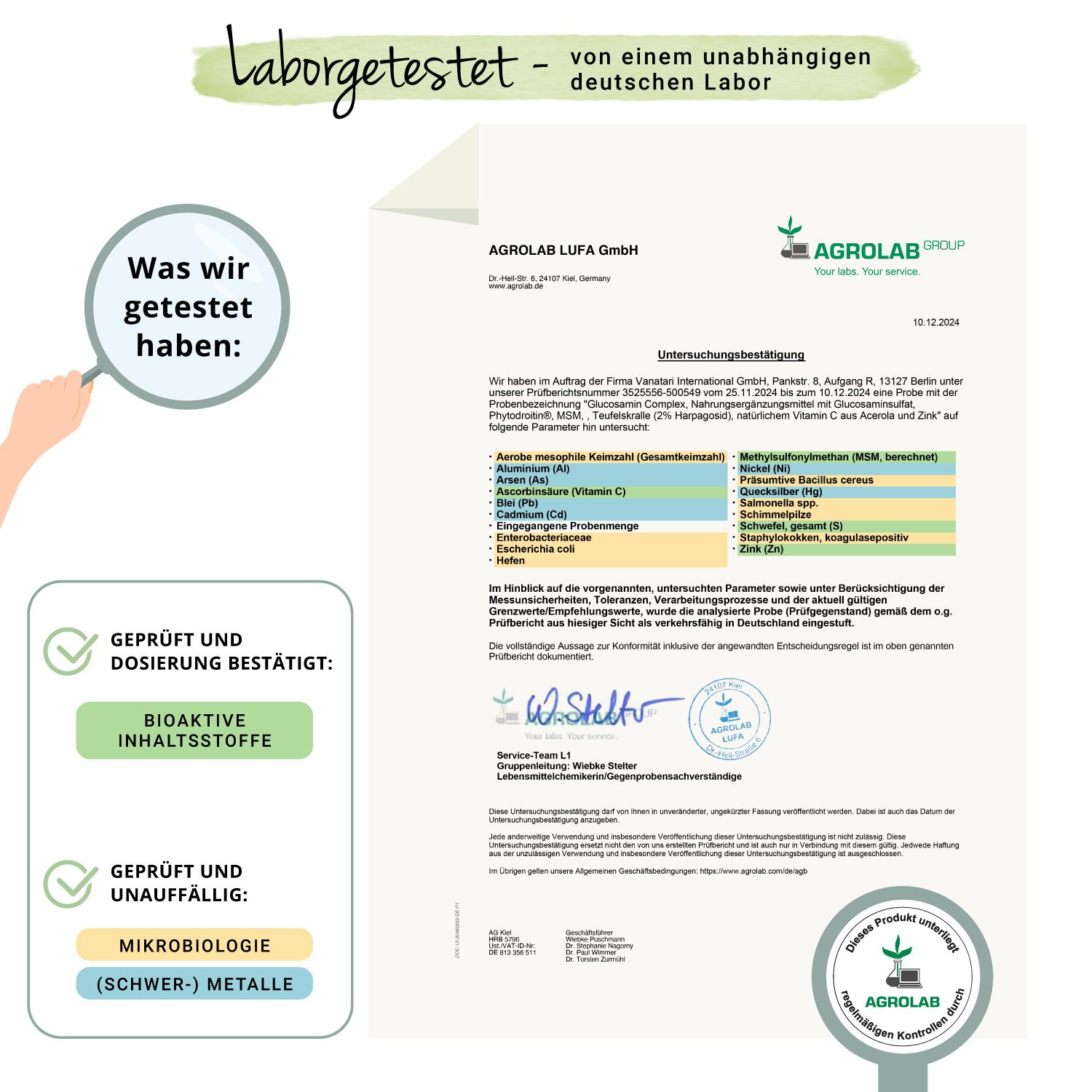 Zertifikat von Agrolab LUFA GmbH. Bestätigung der Analyse von Inhaltsstoffen. Unterschriften und Stempel.