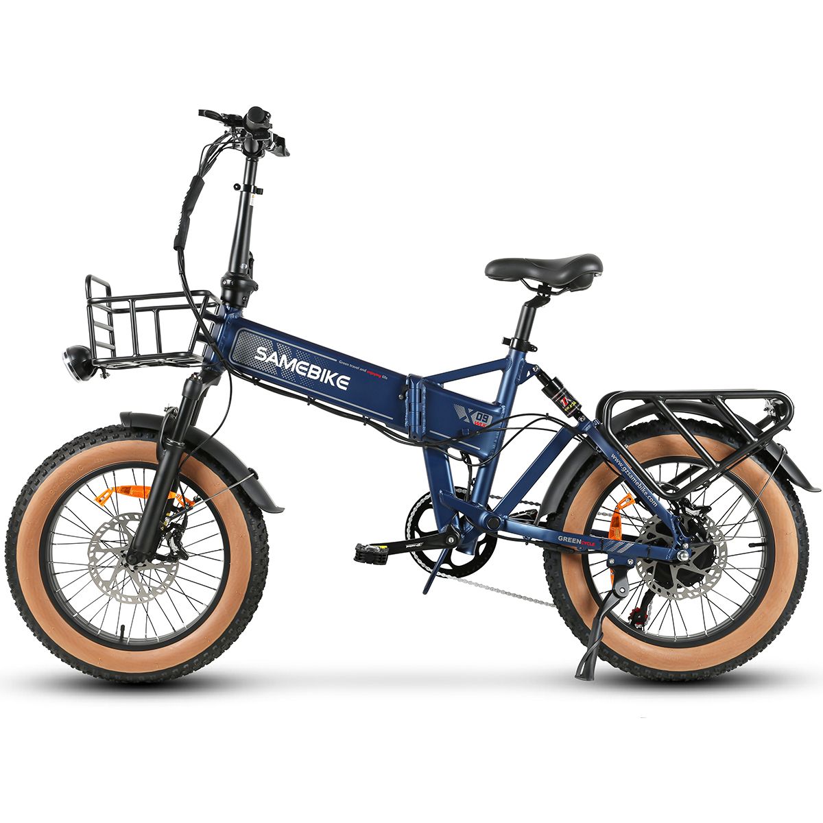 Blaues SAMEBIKE XWLX09-II E-Bike mit braunen Reifen. Korb vorne, Gepäckträger hinten. 7-Gang-Schaltung.