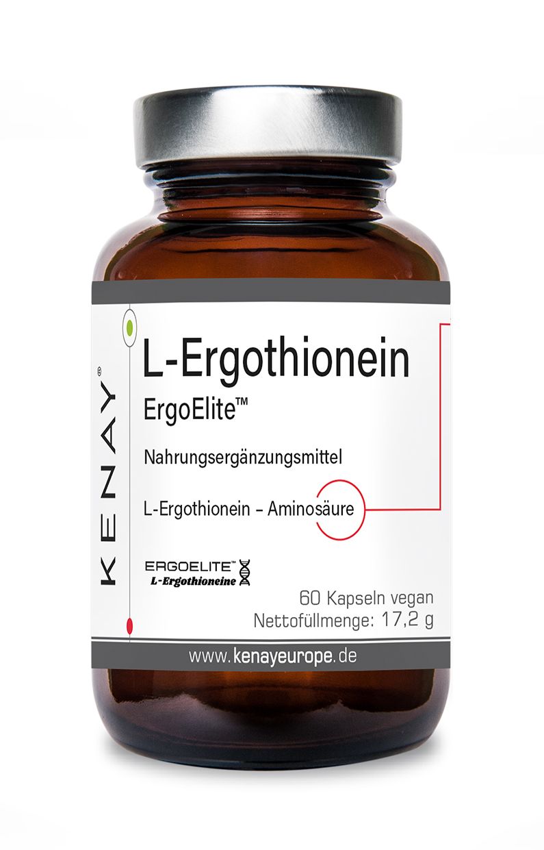 Braune Glasflasche mit silbernem Deckel. Etikett mit Produktnamen L-Ergothionein ErgoElite™ KENAY®, Text und Logo. 60 Kapseln.