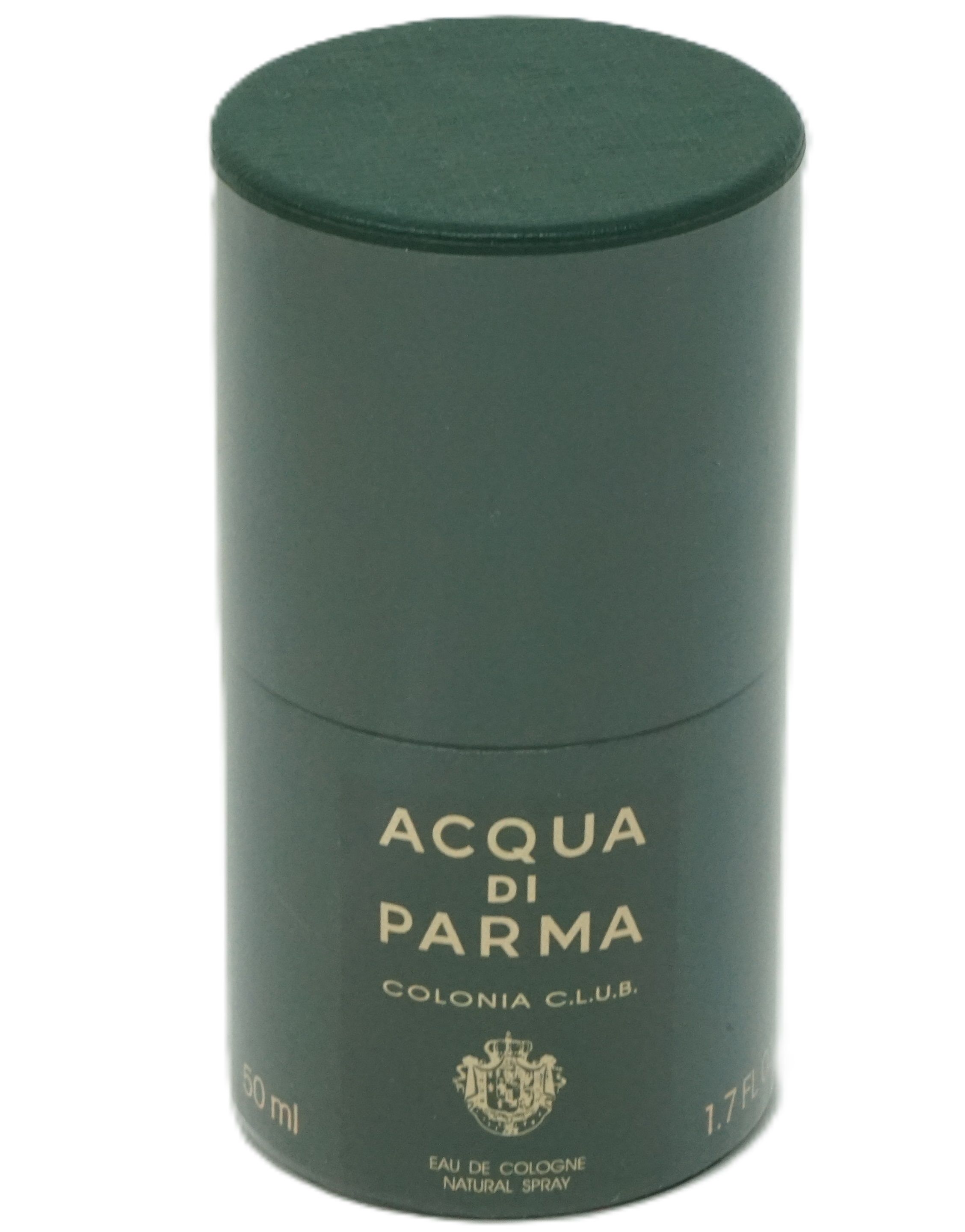 Zylindrische grüne Verpackung. Text: Acqua di Parma, Colonia C.L.U.B. Logo. 50 ml und 1.7 fl.oz.