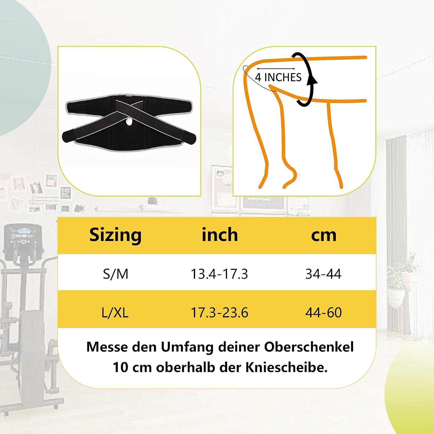 Kniebandage mit Stabilisierungsfedern, Patella-Gel und seitlichen Riemen.