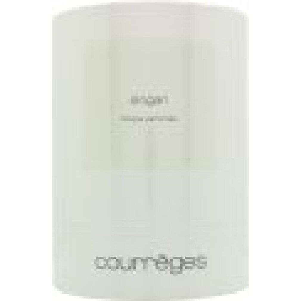 Weiße Kerze mit Aufschrift 'slogan' und 'bougie parfumée'. Marke 'Courrèges'.