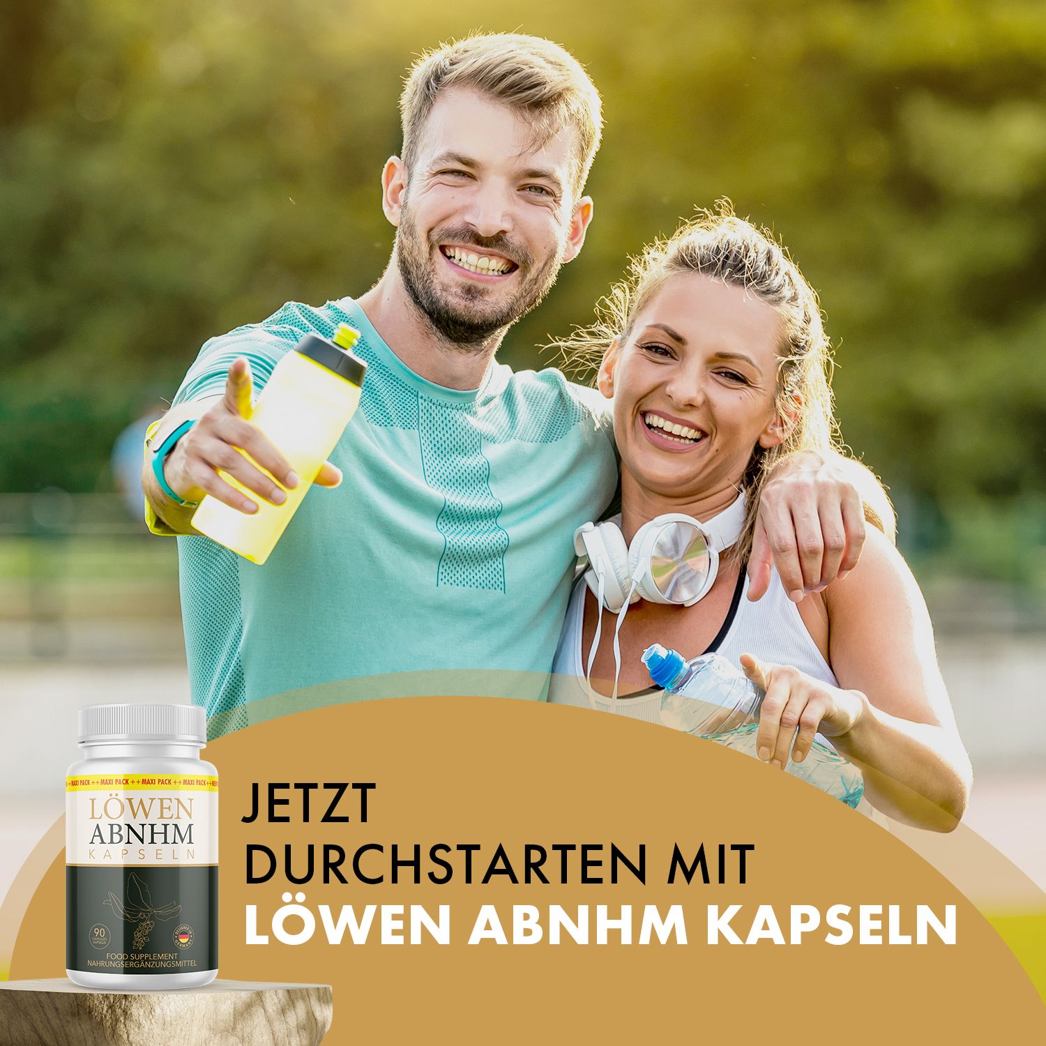 Sportliches Paar lacht mit Wasserflaschen. Dose LÖWEN ABNEHM KAPSELN. Text: Jetzt durchstarten.