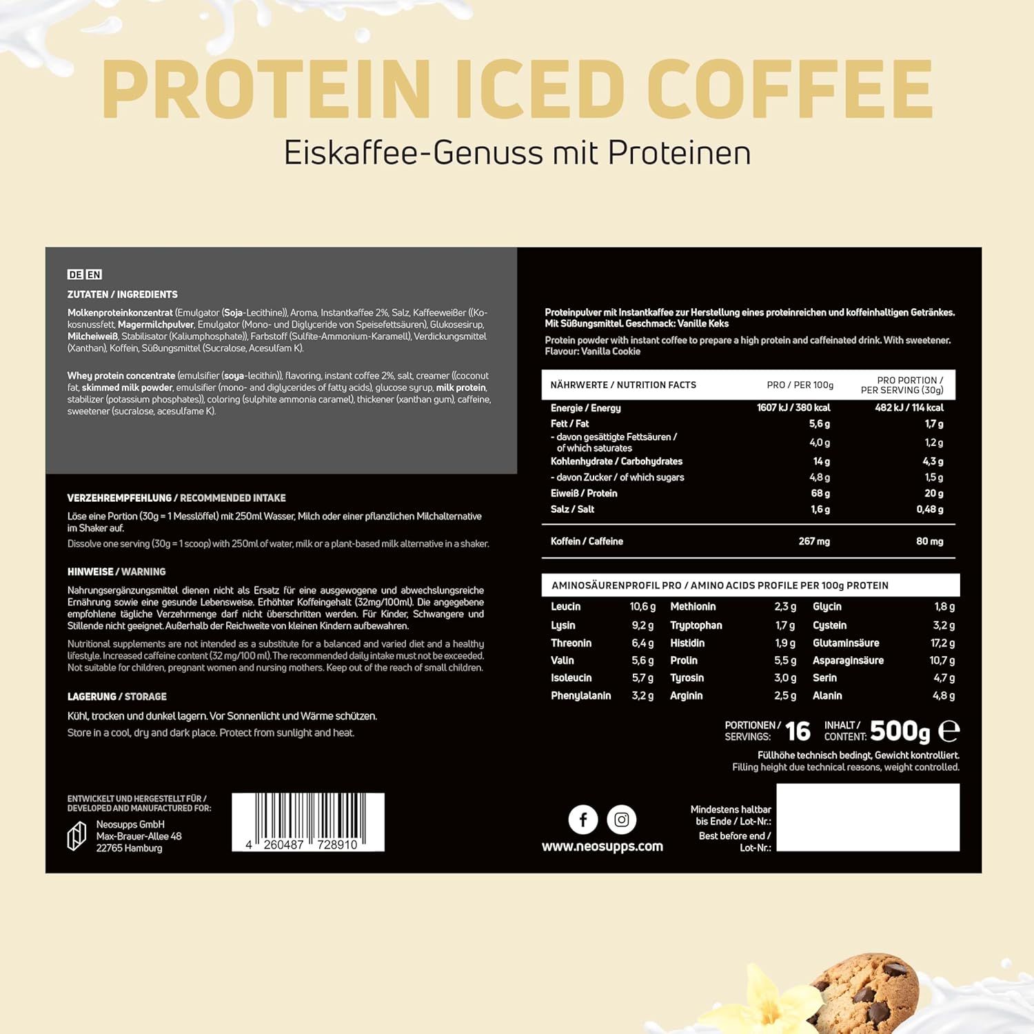 Rückseite der Protein Iced Coffee Verpackung. Text: Zutaten, Nährwertangaben, Aminosäurenprofil, 16 Portionen, 500g.