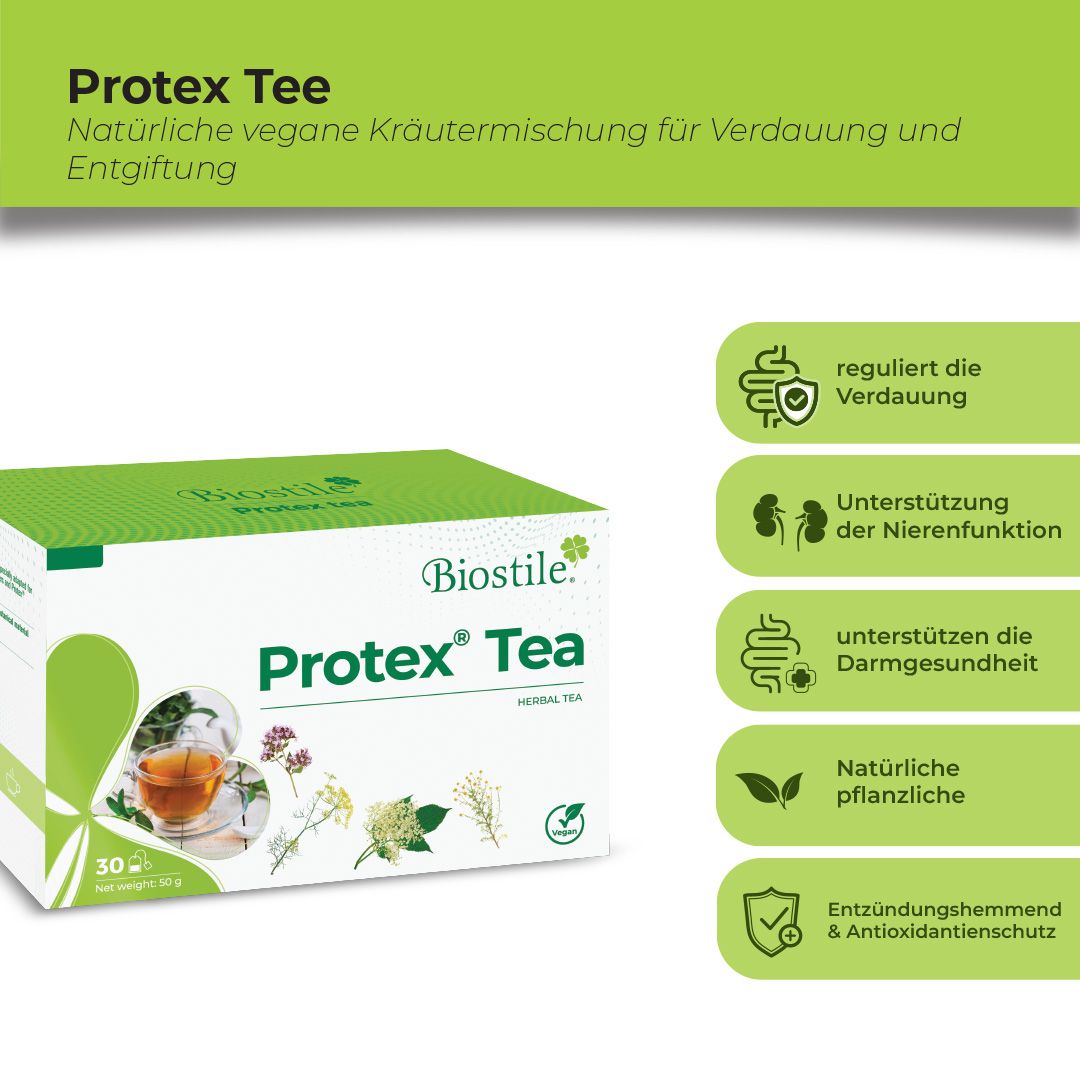Biostile Protex Tee Verpackung mit Icons für Verdauung, Nierenfunktion, Darmgesundheit und pflanzliche Inhaltsstoffe.