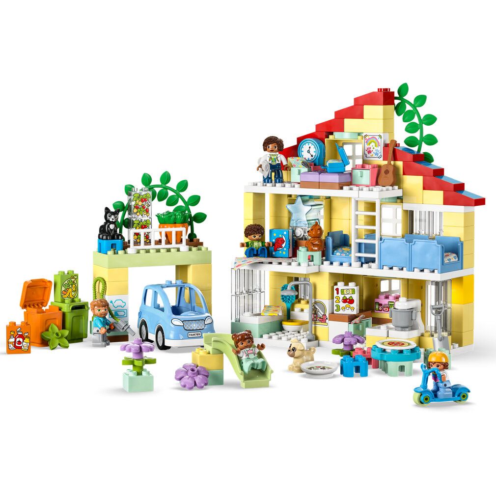 LEGO Duplo 3-in-1-Familienhaus. Gelbes Haus mit rotem Dach, Figuren, Auto, Rutsche und Zubehör. Einzelne Elemente.