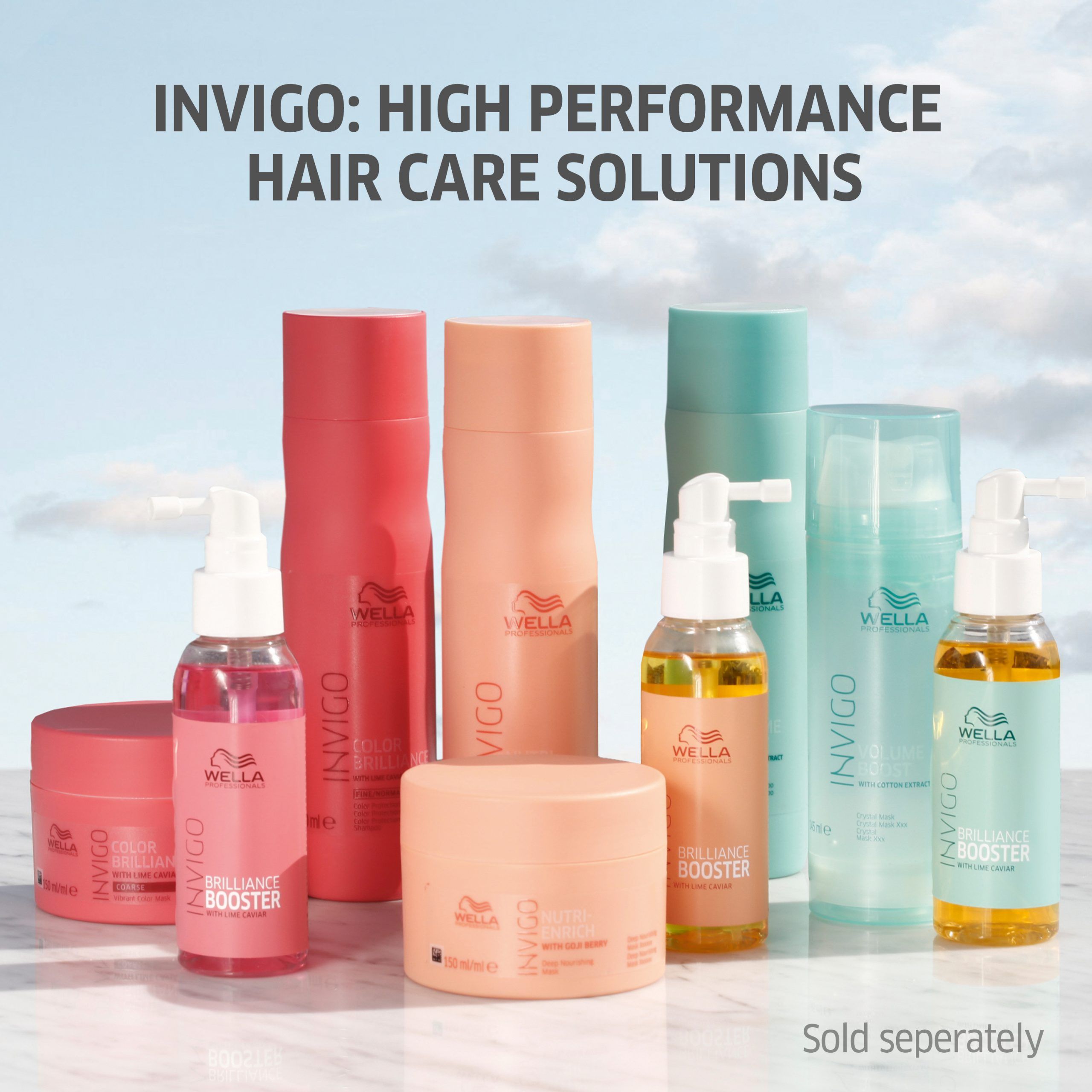 Verschiedene Haarprodukte. Text: INVIGO: HIGH PERFORMANCE HAIR CARE SOLUTIONS. Marke: Wella. Verkauft separat.