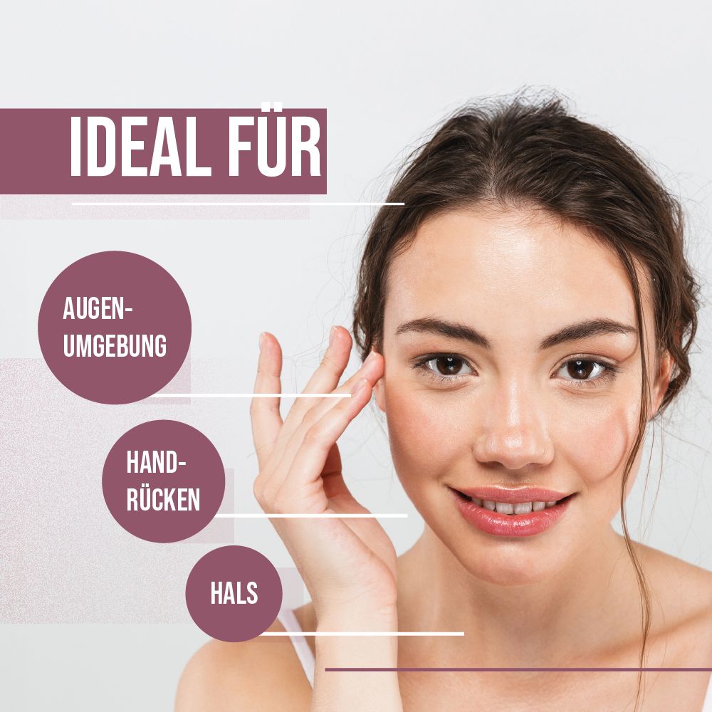 Frau berührt Gesicht. Text: Ideal für Augen, Handrücken, Hals.