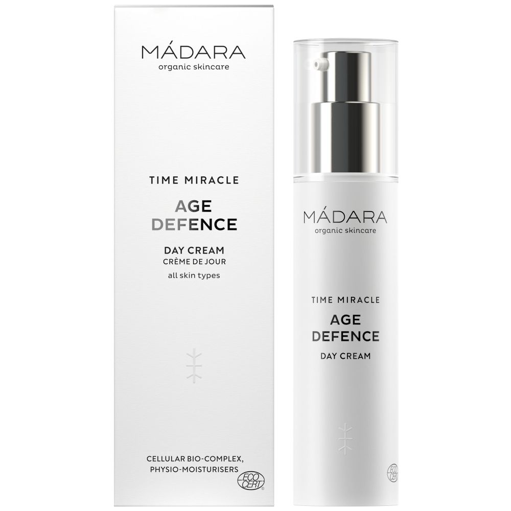 Creme-Flakon und Verpackung. Aufschrift: Time Miracle Age Defence Day Cream. Marke: MÁDARA organic skincare. Mit Ecocert-Logo.