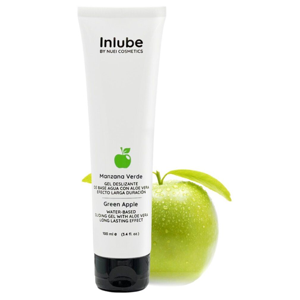 Weiße Tube mit schwarzem Deckel, neben grünem Apfel. Aufschrift: Inlube, Manzana Verde, Green Apple. Produktbezeichnung und Logo.