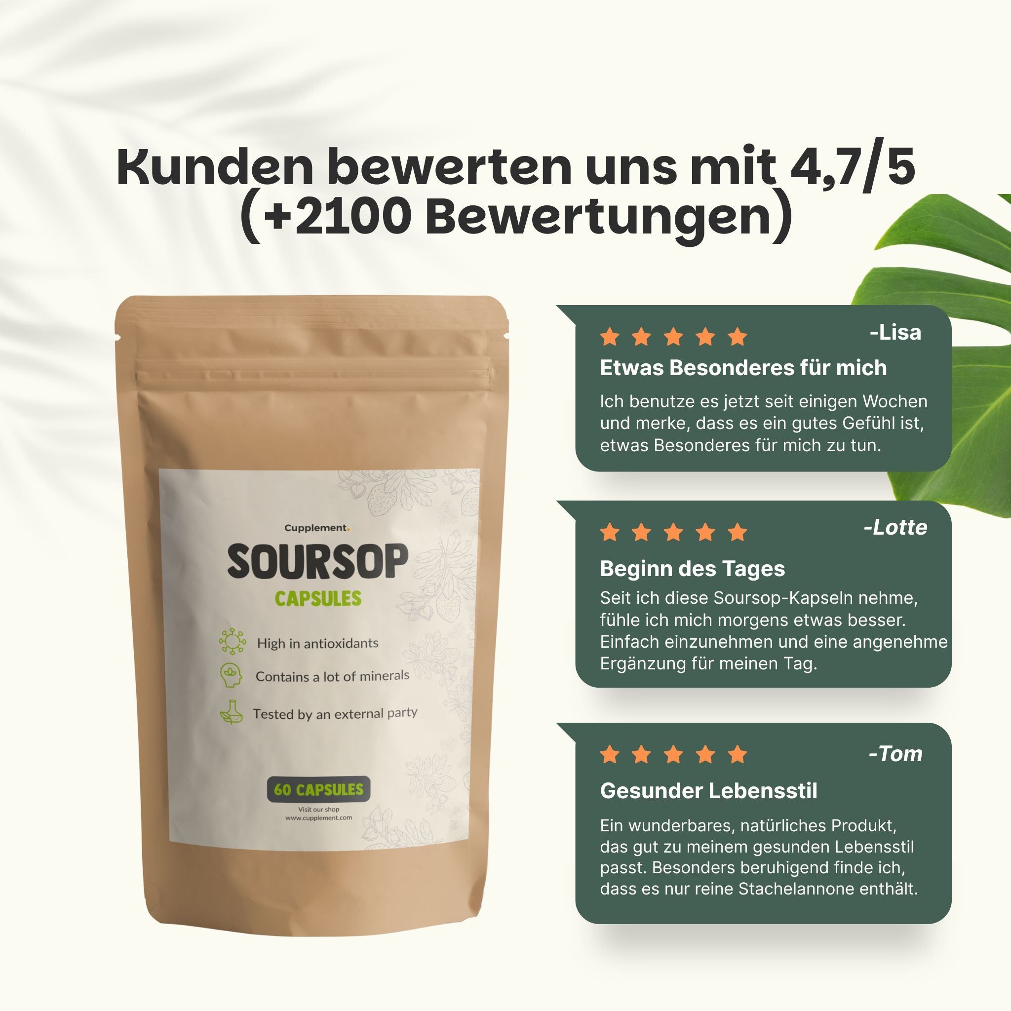 Beutel mit Soursop-Kapseln und Kundenbewertungen. Text: 4.7/5 Sterne (+2100 Bewertungen).