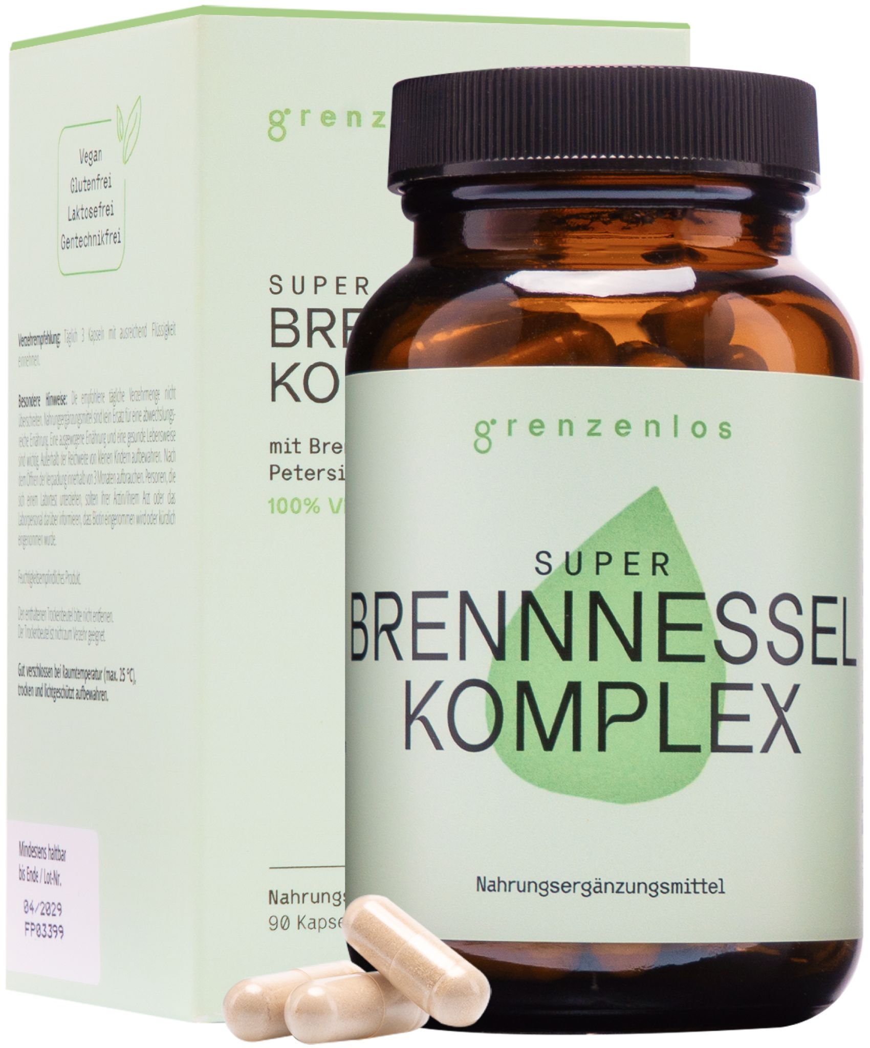 Flasche und Karton "grenzenlos SUPER BRENNNESSEL KOMPLEX". "Vegan, Glutenfrei, Laktosefrei, Gentechnikfrei" Siegel.