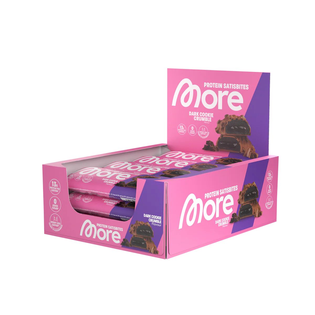 Rosa Displaybox mit Protein Satisbites. Aufdruck: More, Dark Cookie Crumble. Riegel in Verpackung.