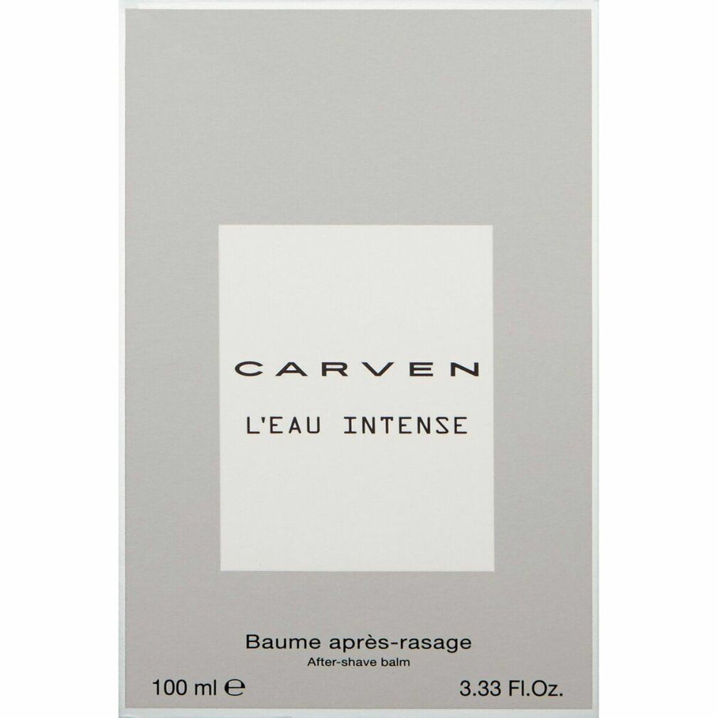 Graue Verpackung mit weißem Rechteck. Darauf steht CARVEN L'EAU INTENSE. Darunter steht Baume après-rasage und 100 ml.