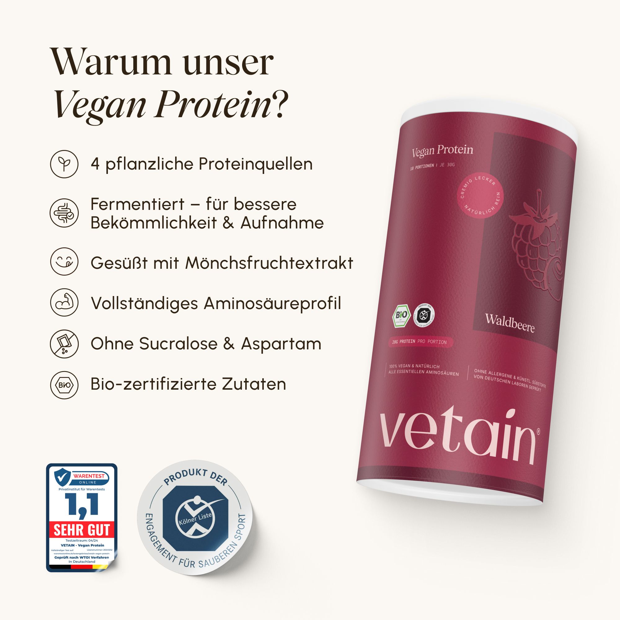 Vorteile von VETAIN Vegan Protein: Bio, fermentiert, zuckerfrei.