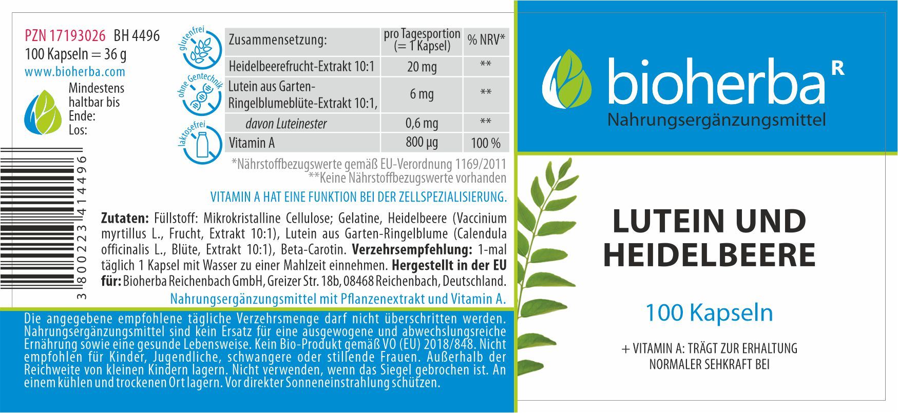 Etikett mit Produktinformationen. Enthält Lutein und Heidelbeere. 100 Kapseln. Vitamin A. Bioherba Logo.