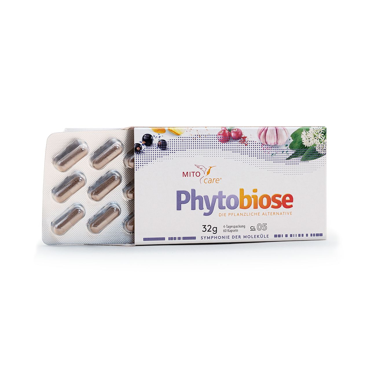 Verpackung mit 6 Kapseln MITOcare Phytobiose in Blisterpackung.